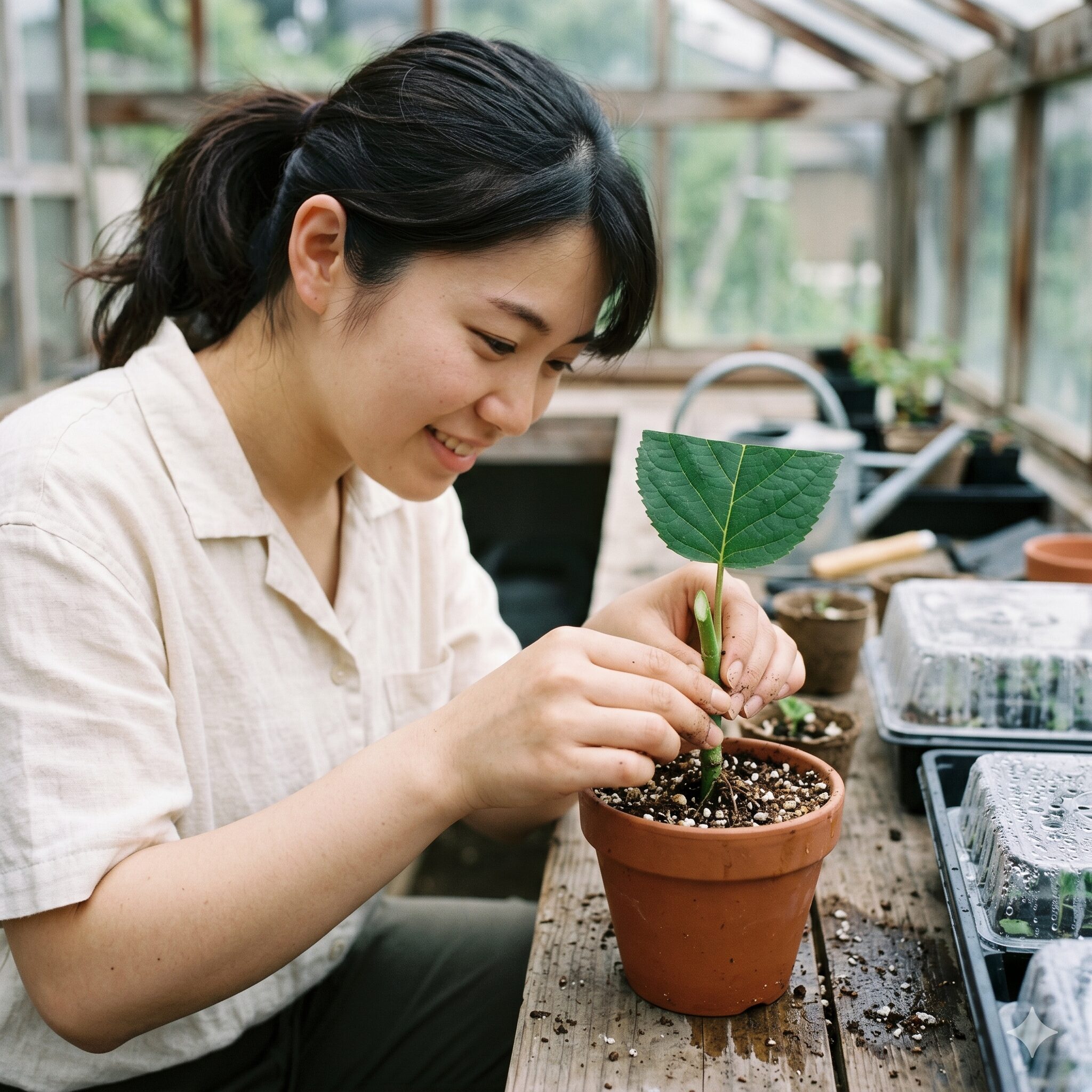 アナベル 枯れた 復活9 蒸散を防ぐために葉を半分にカットして用土に挿したアナベルの挿し木