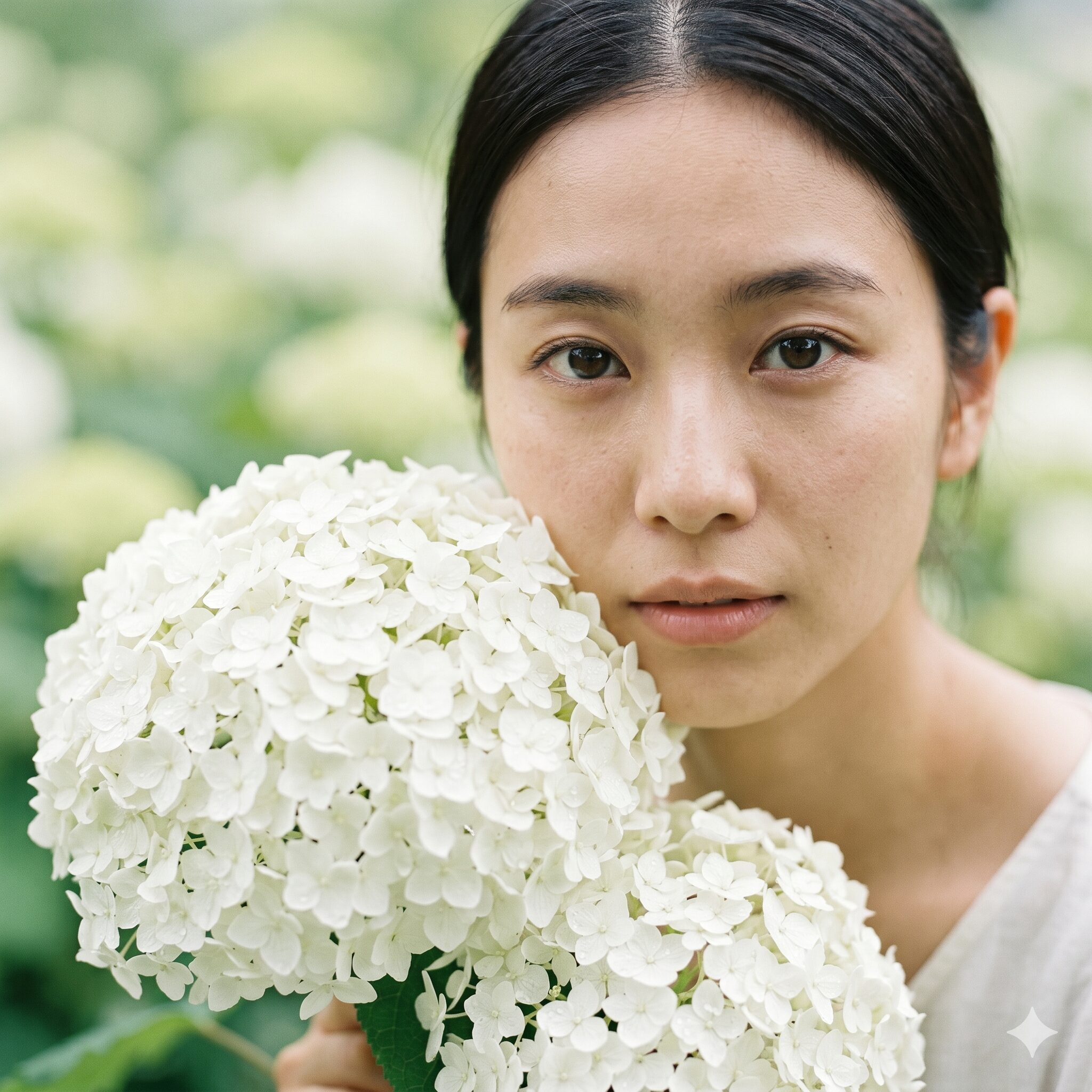アナベル 花言葉1　初夏の明るい庭で満開に咲く真っ白なアナベルの大輪と、それを見つめて優しく微笑む若い日本人女性のスクエア写真