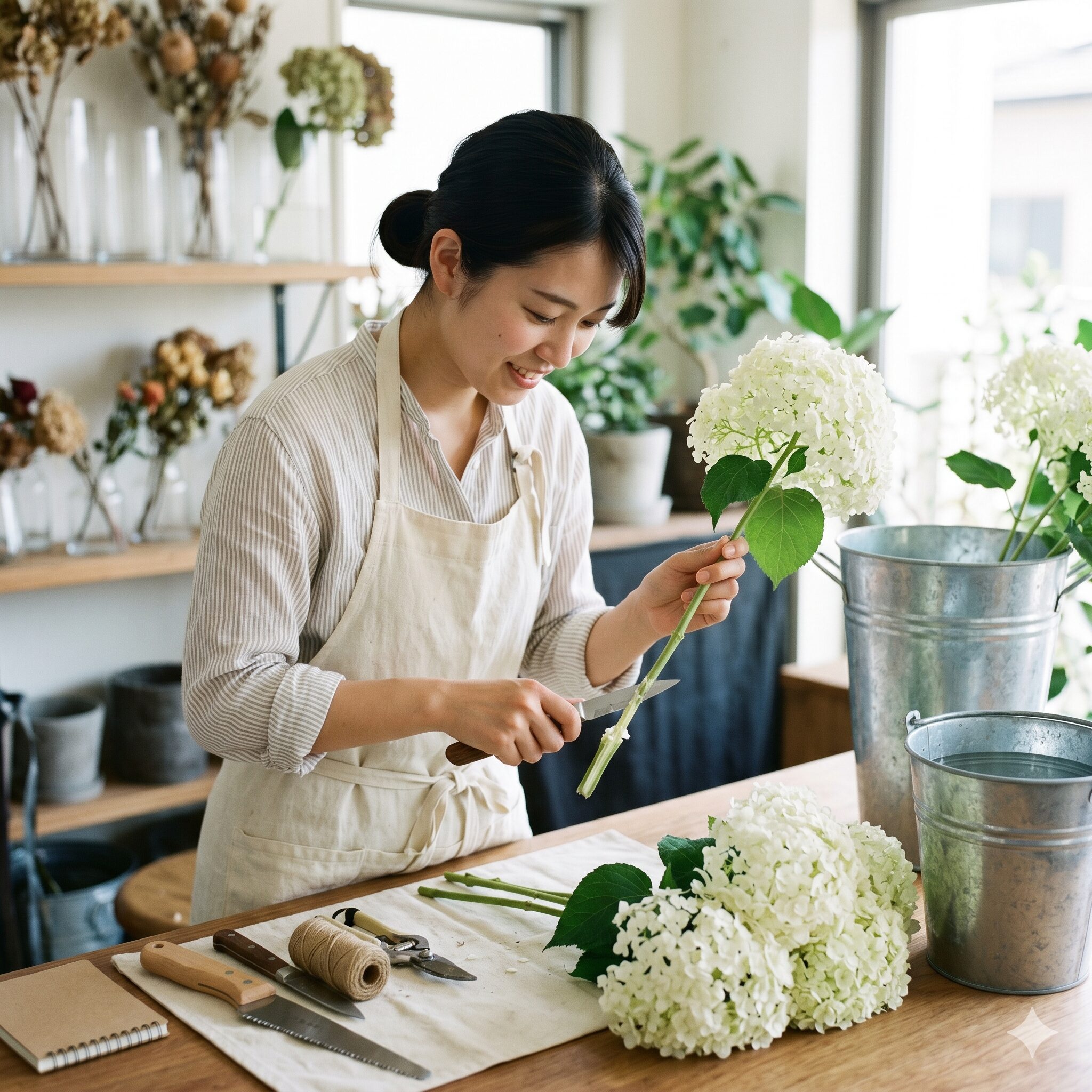 アナベル 花言葉10　切り花を長持ちさせるために、アナベルの茎の切り口にハサミを入れて内部のワタを取り除く水揚げ作業を行う女性
