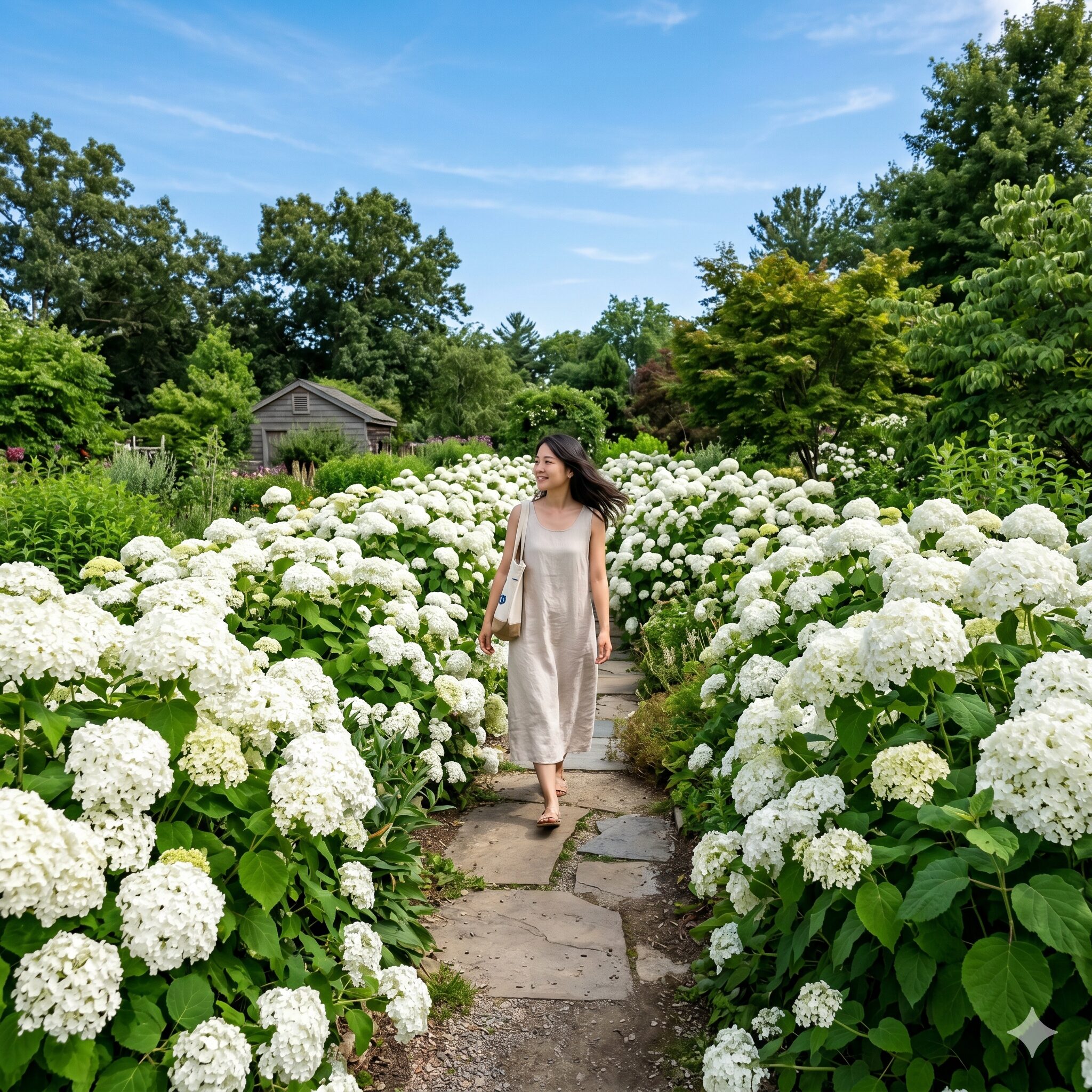 アナベル 花言葉2　ひたむきな愛の由来である、初夏の小道沿いに美しく咲き誇る真っ白なアナベルハイドランジアの風景
