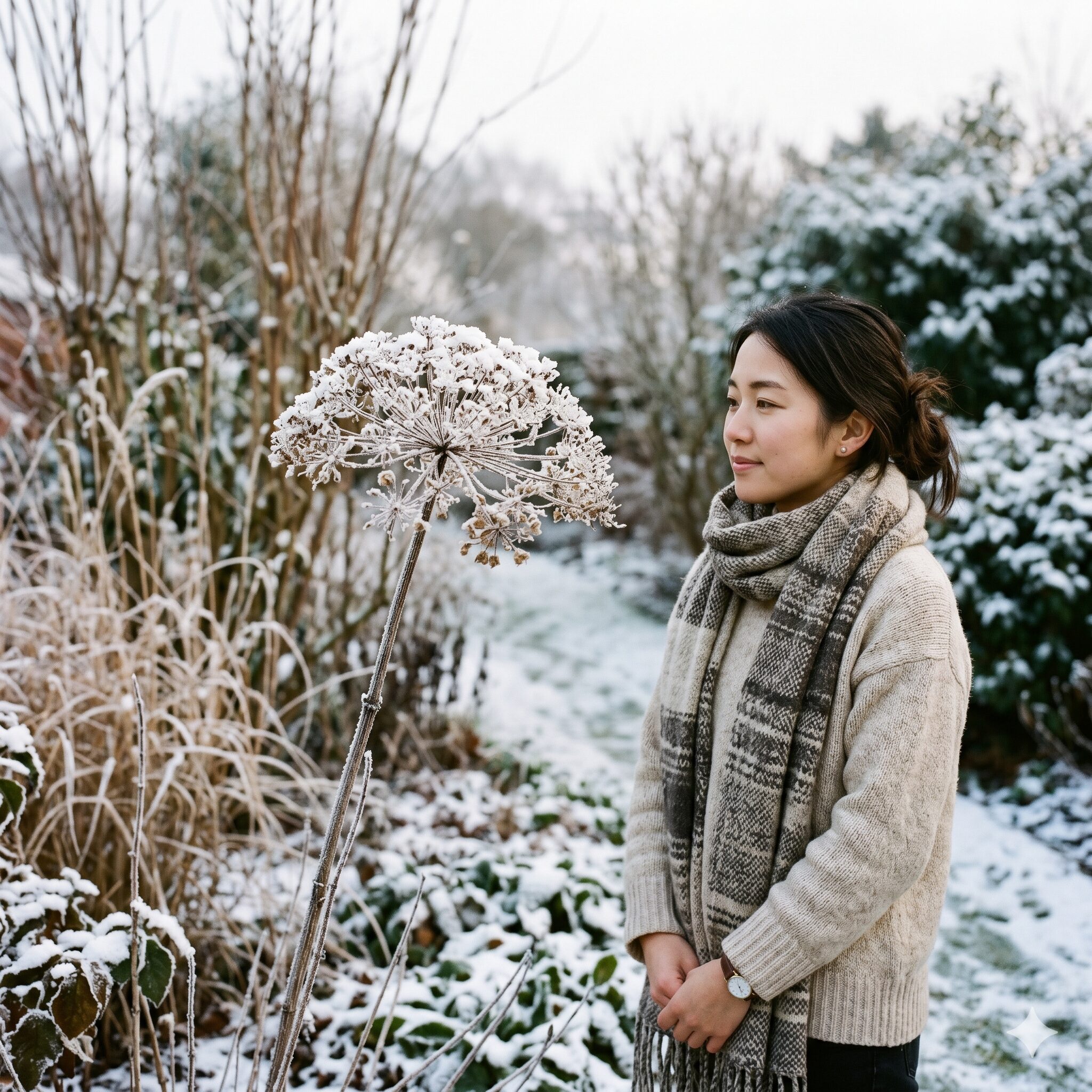 アナベル 花言葉3　冬の庭で霜と雪に包まれながらも、凛とした美しいシルエットを保ち続けるアナベルのシードヘッド（枯れ姿）