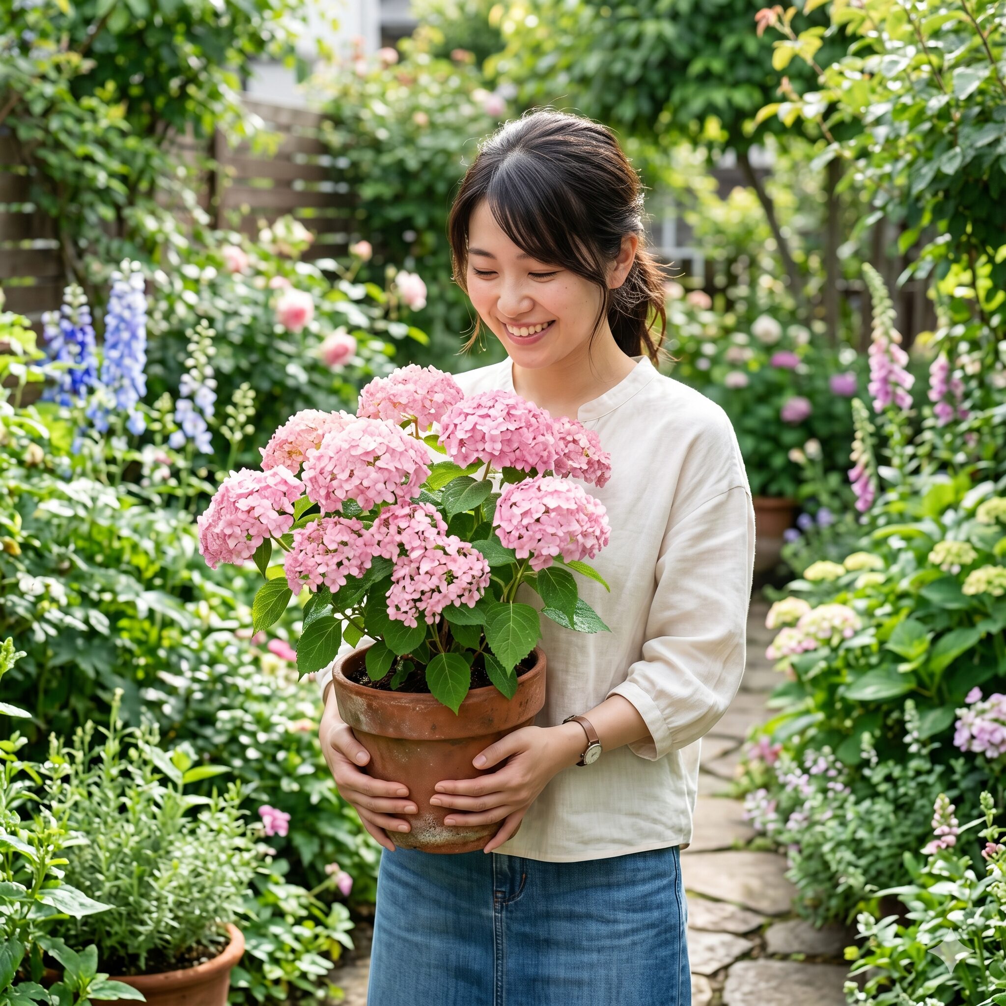 アナベル 花言葉4　感謝と寛容を意味する可愛いピンク色のアナベルの鉢植えを、笑顔で大切そうに抱える若い日本人女性