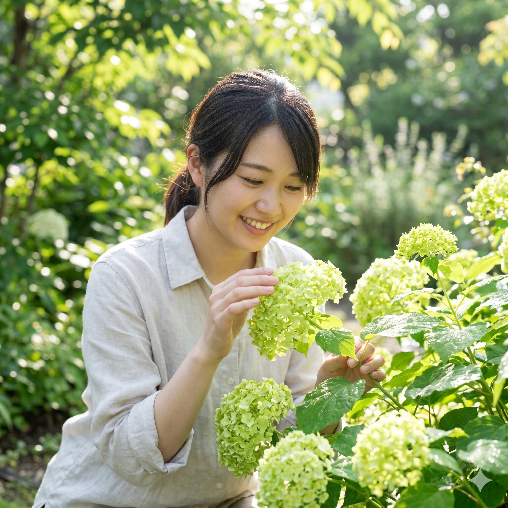 アナベル 花言葉5　希望と活力を象徴する、みずみずしい朝露とライムグリーンの色彩が美しい咲き始めのアナベル
