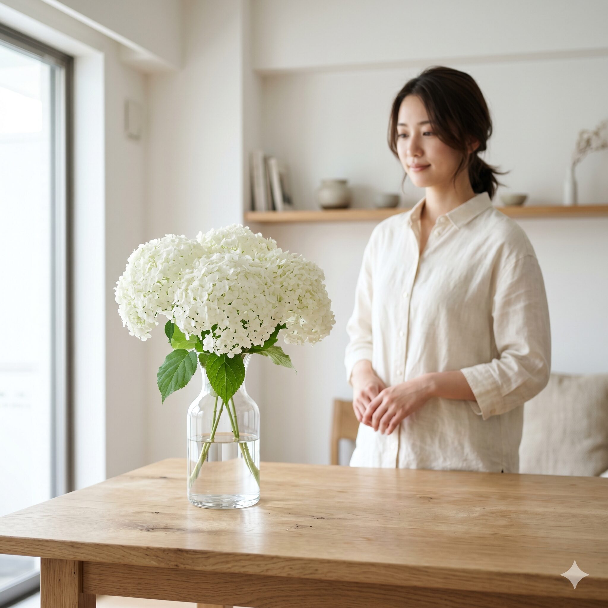 アナベル 花言葉6　優雅で清楚な女性をイメージさせる、ガラス瓶にスタイリッシュに生けられた白いアナベルと若い日本人女性

