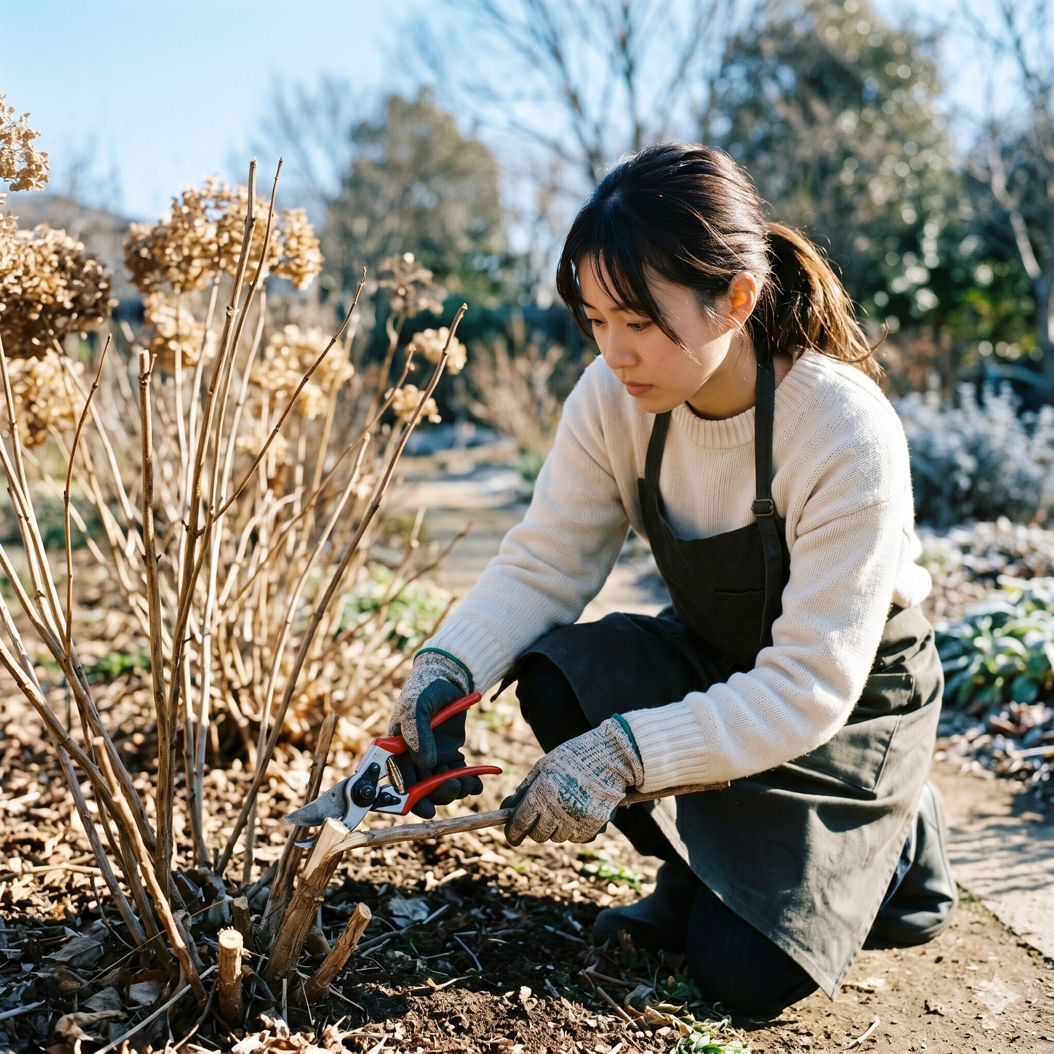 アナベル 花言葉7　新枝咲きの特性に合わせて、冬の休眠期にアナベルの茎を園芸ハサミで剪定（強剪定）する若い日本人女性
