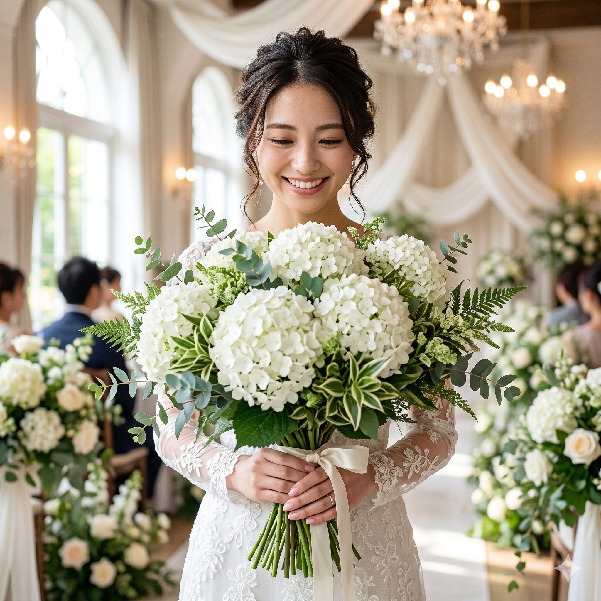 アナベル 花言葉8　純白のウェディングドレスをまとい、誠実な愛を誓う白いアナベルのブライダルブーケを持つ花嫁の手元
