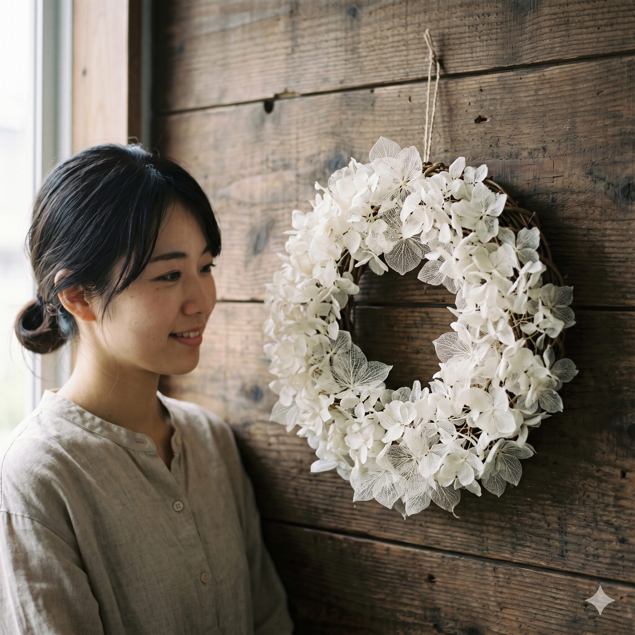 アナベル 花言葉9　塩素系漂白剤で美しく加工された、アンティークレースのように繊細な白いアナベルの漂白ドライフラワーリース
