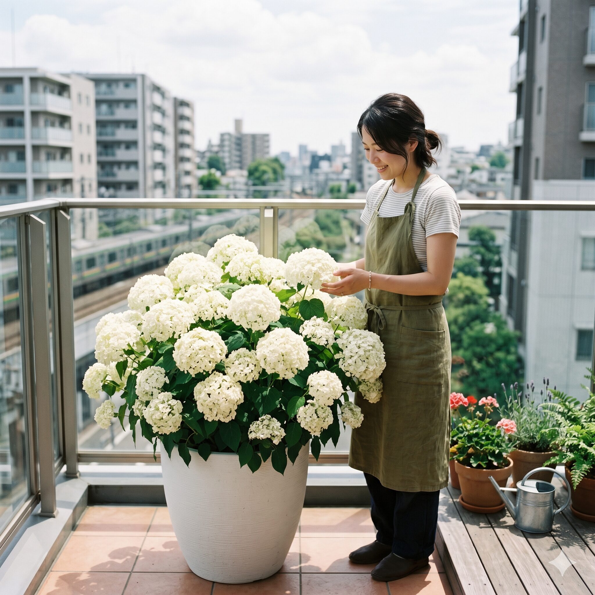 アナベル 鉢植え おしゃれ1　マンションのベランダでおしゃれな白い鉢植えのアナベルを楽しむ若い日本人女性