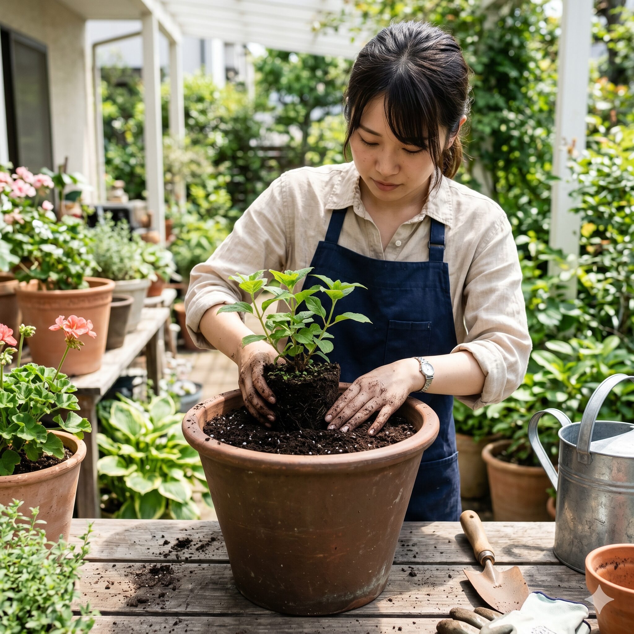 アナベル 鉢植え おしゃれ2 アナベルの苗を深さと幅のある十分な大きさの10号深鉢に植え付ける様子