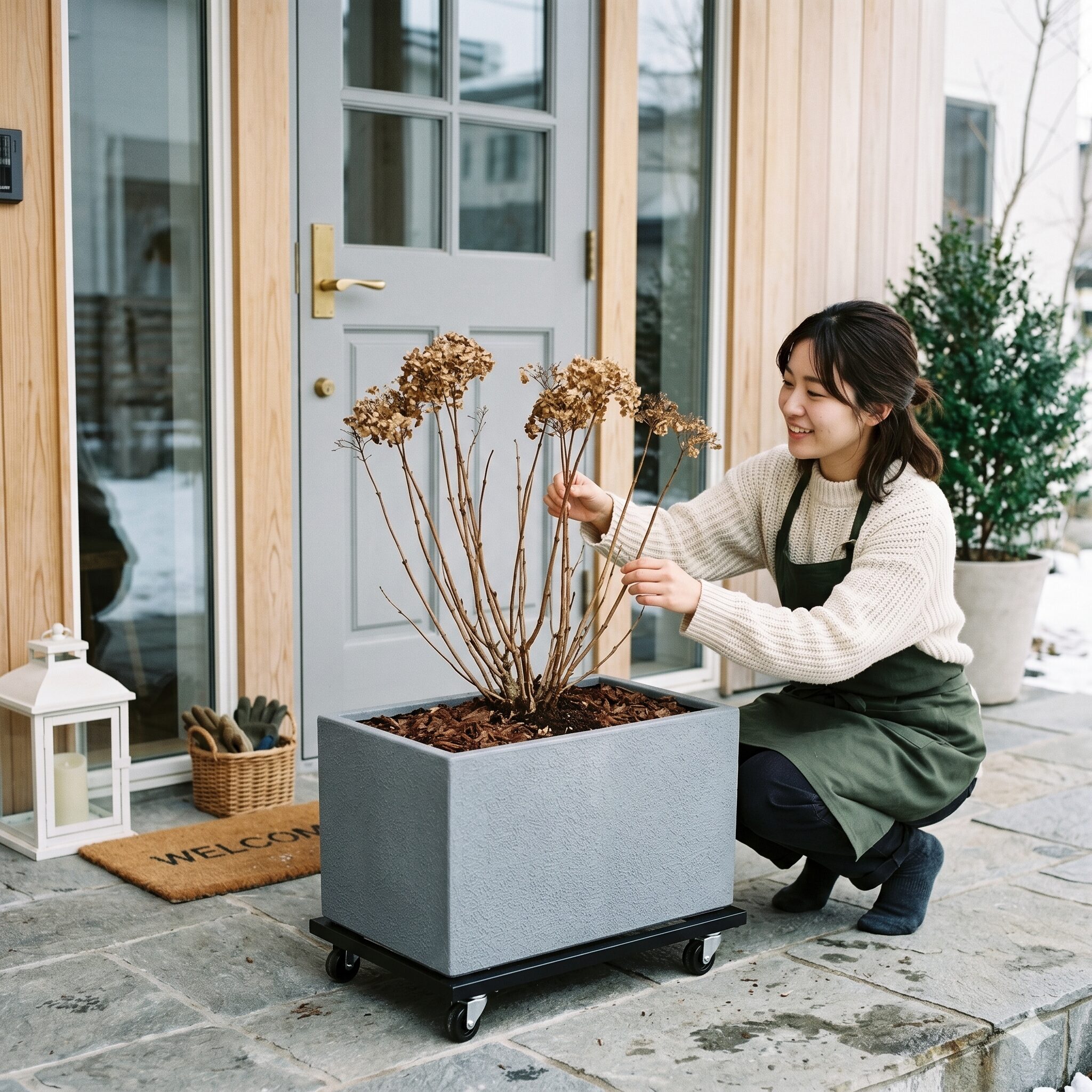 アナベル 鉢植え おしゃれ3 冬の凍結対策としてプランタードーリーに乗せられたFRP製のおしゃれな鉢