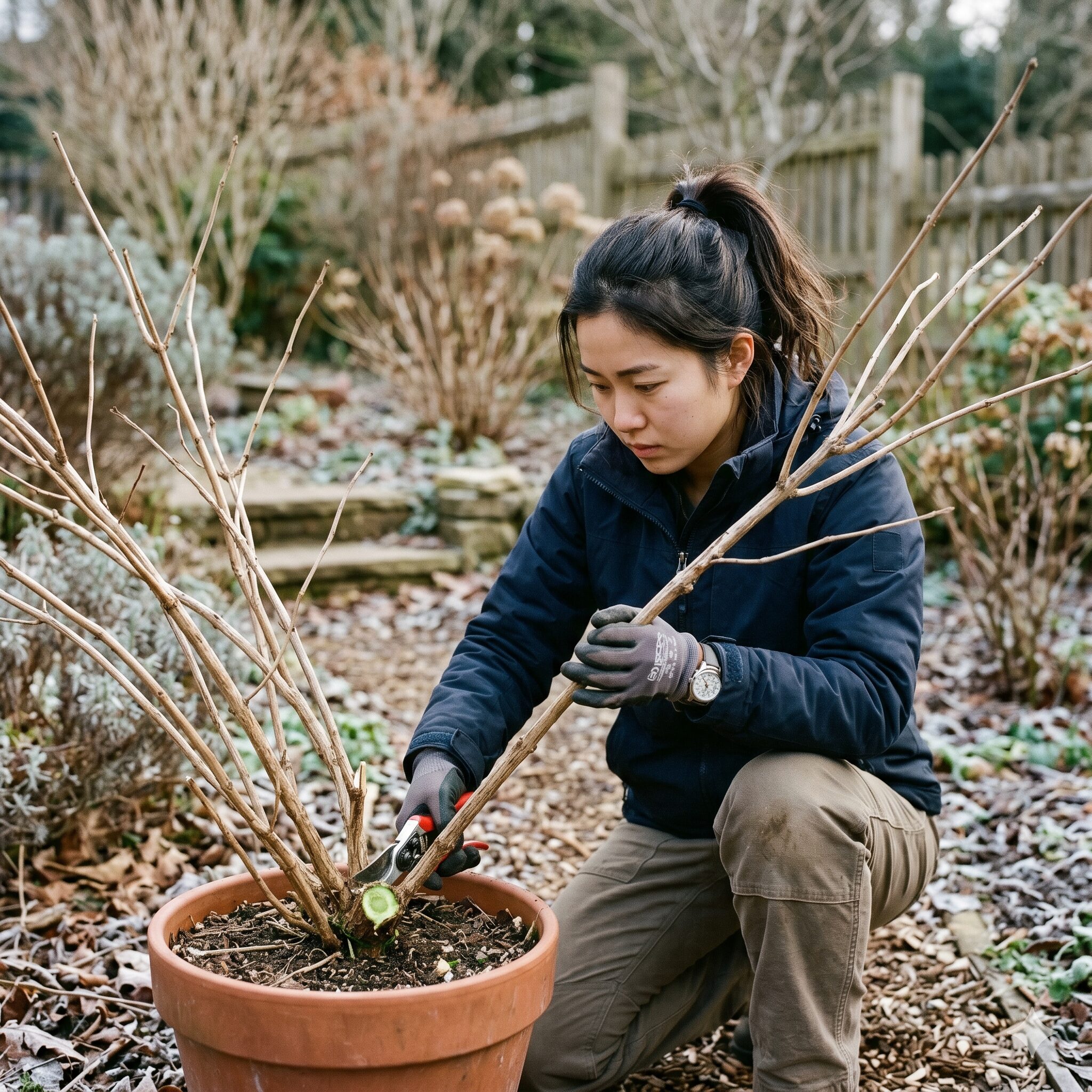 アナベル 鉢植え おしゃれ7 冬の休眠期にアナベルの株元近くで水平にハサミを入れる強剪定の様子