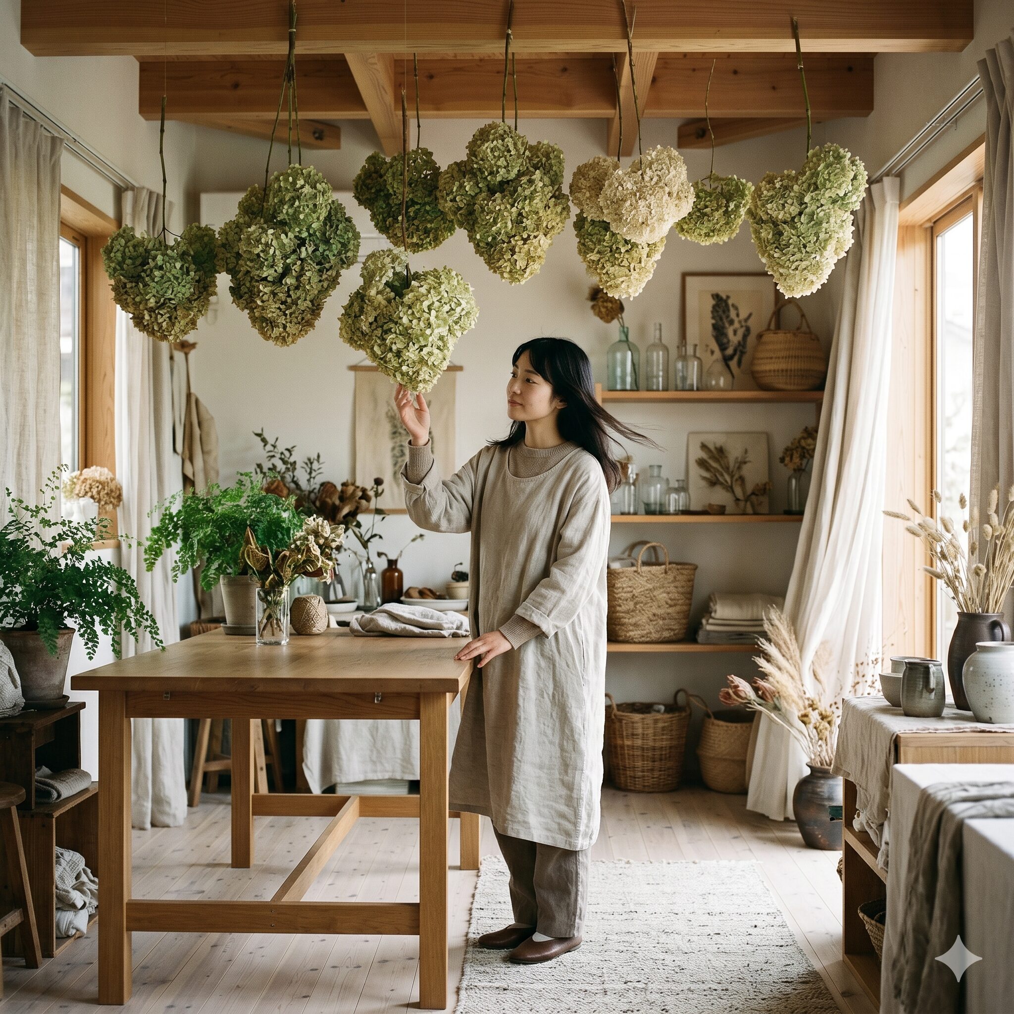 アナベル 鉢植え おしゃれ8 風通しの良い室内で逆さまに吊るして作られるおしゃれなアナベルのドライフラワー