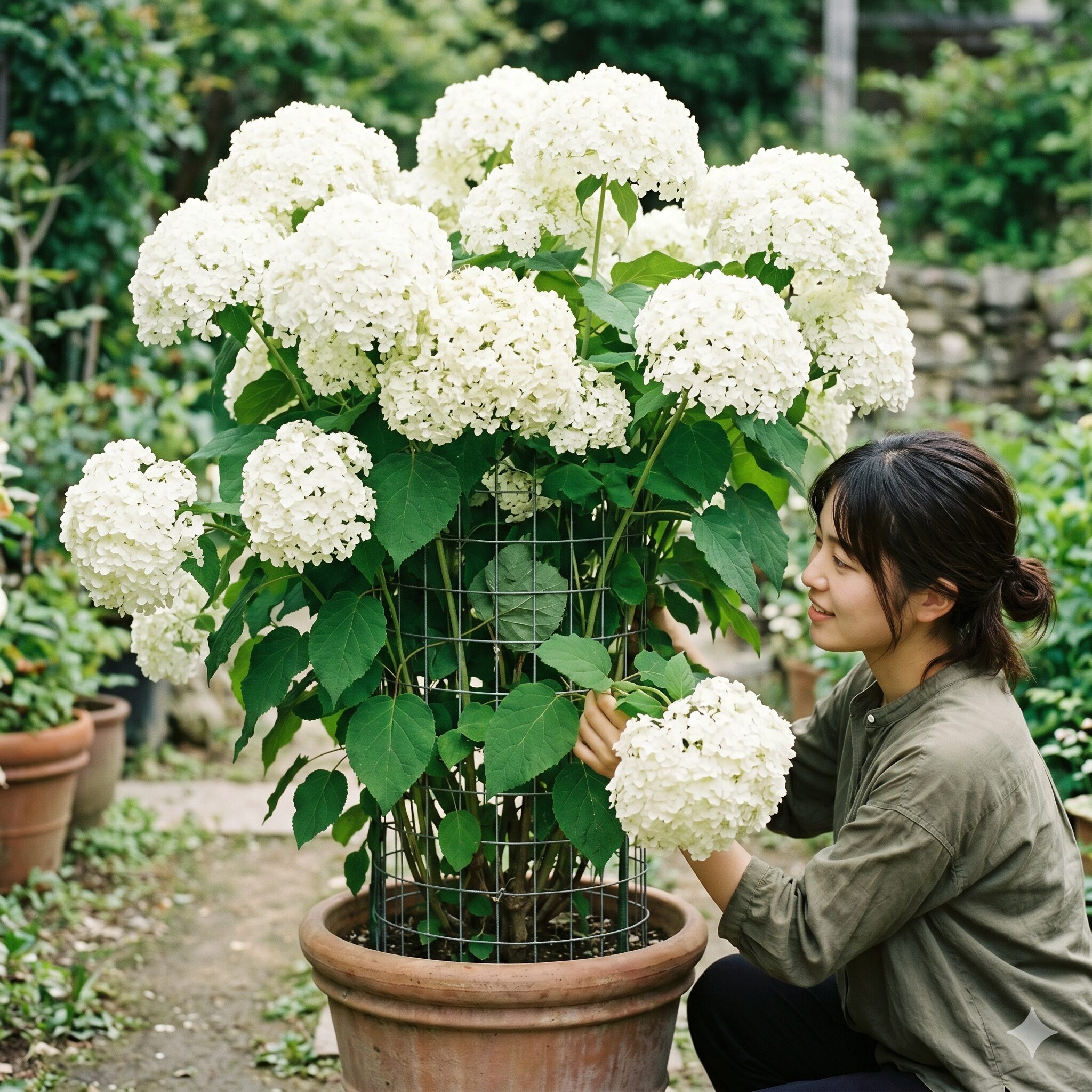 アナベル 鉢植え おしゃれ9 大雨でも倒れずに直立をキープするワイヤーメッシュドーム仕合わのアナベル鉢植え