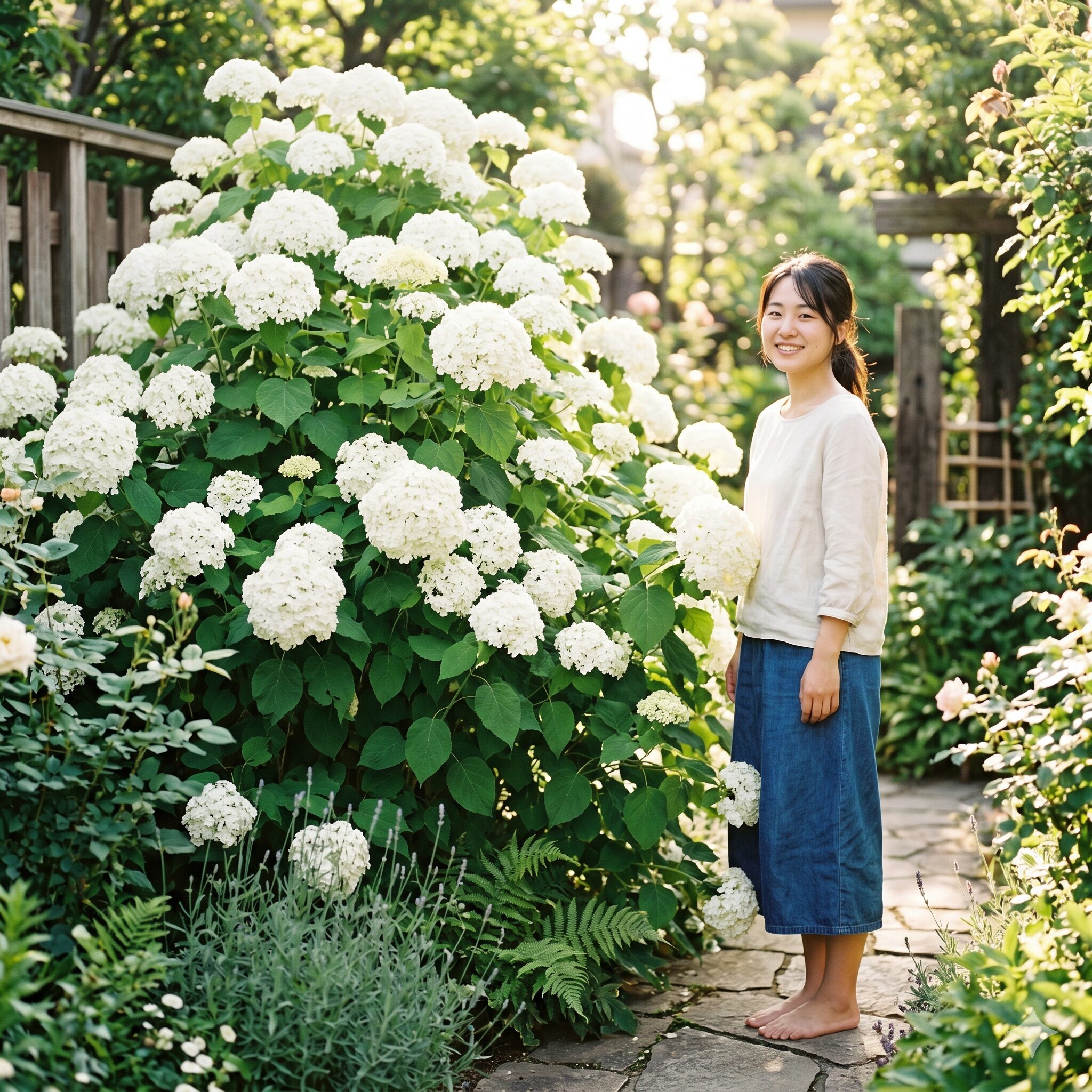 アナベル 開花時期1　初夏の明るい庭で満開に咲き誇る大きな純白のアナベルと微笑む若い日本人女性のアイキャッチ画像