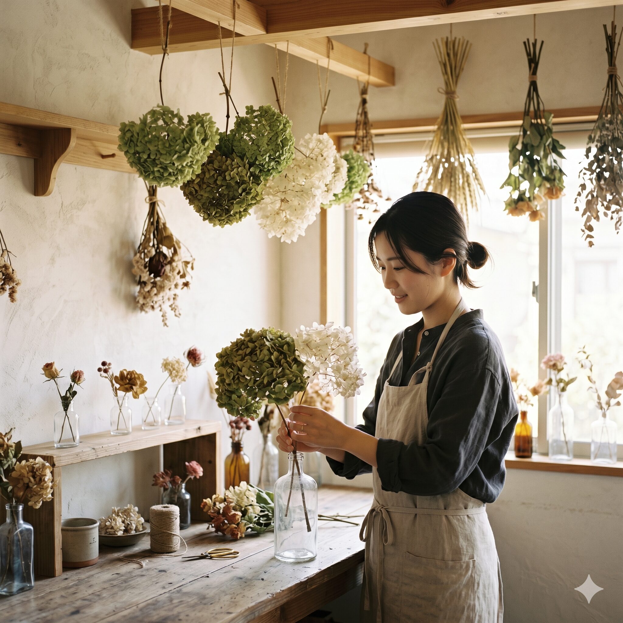 アナベル 開花時期10　明るい部屋でアンティークグリーンやホワイトのアナベルのドライフラワーをオシャレに飾る様子
