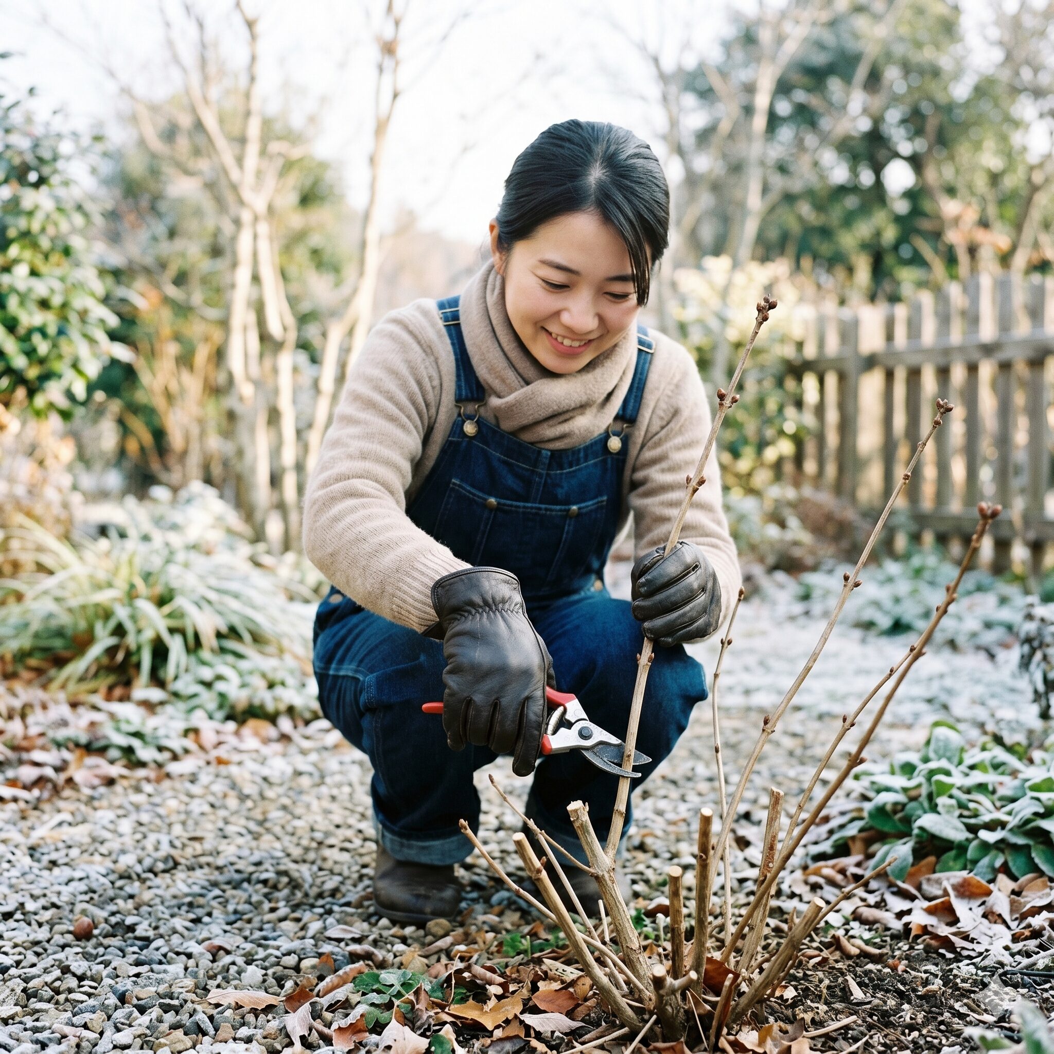 アナベル 開花時期2　冬の休眠期に庭植えのアナベルを剪定バサミで地際近くまで強剪定している若い日本人女性の手元
