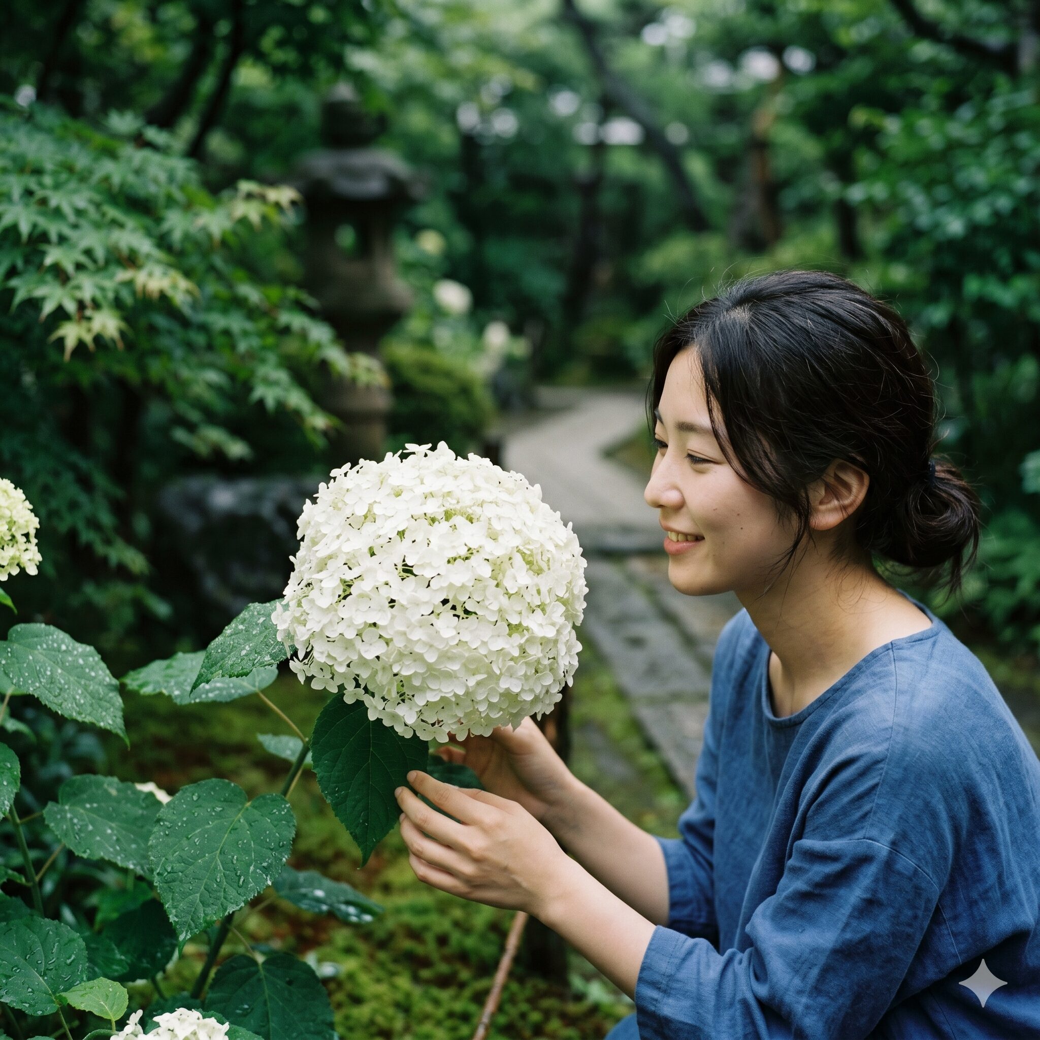 アナベル 開花時期3　梅雨の時期に朝露をまとってきらきらと輝く大輪の白いアナベルの花房のクローズアップ
