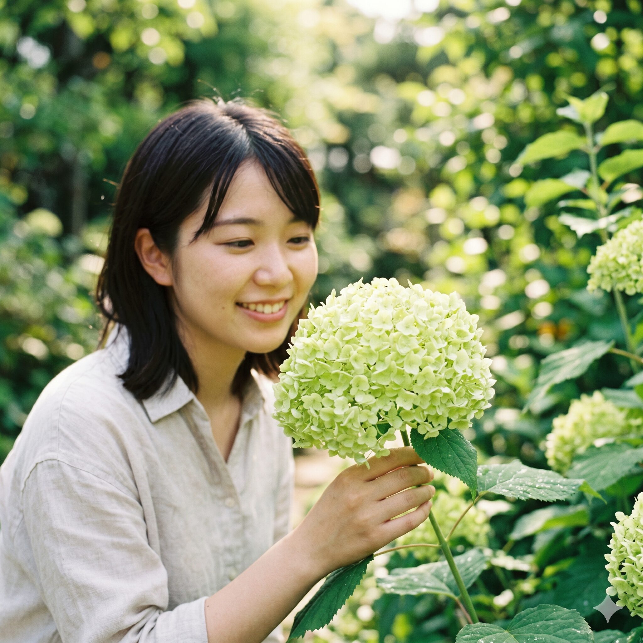 アナベル 開花時期4　初夏に咲き始めた爽やかなライムグリーン色をしたアナベルの若い花房
