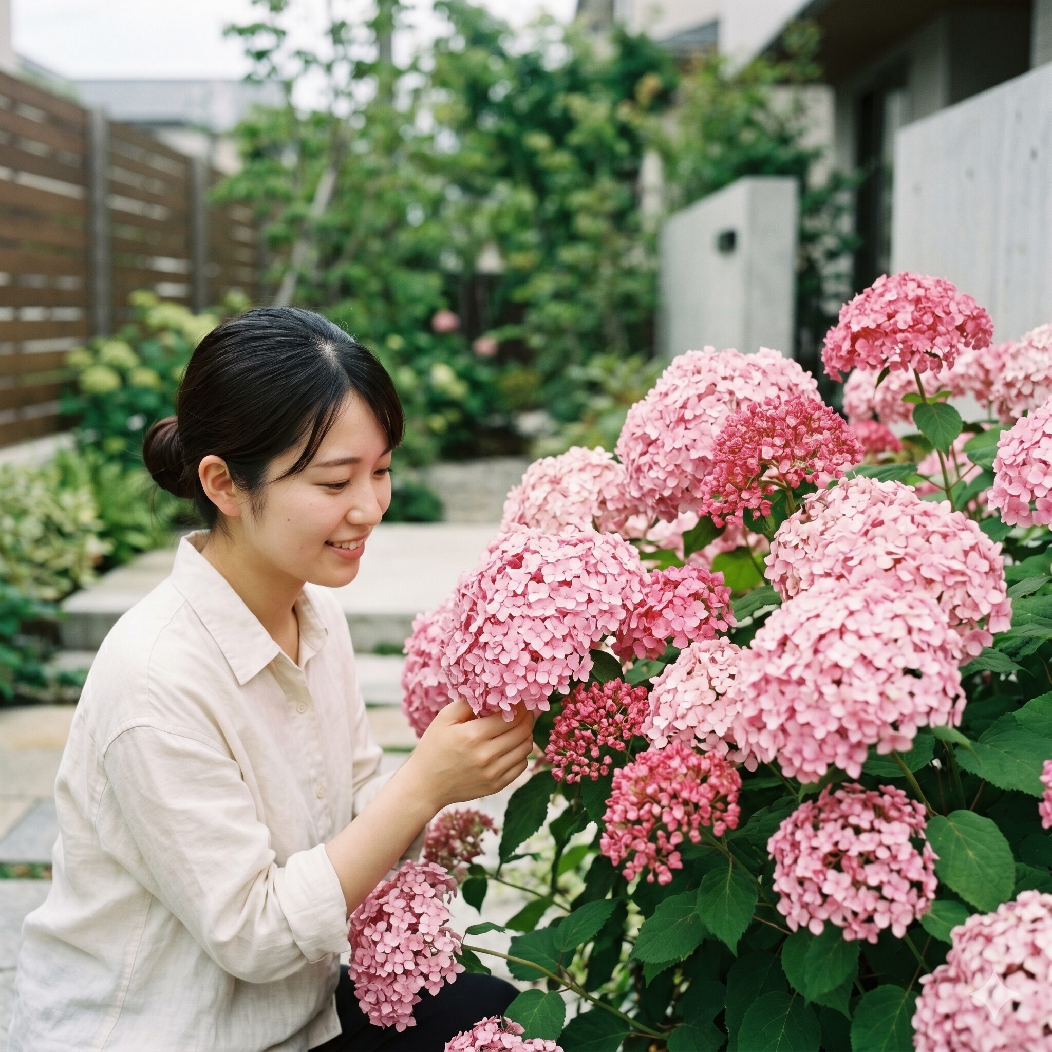 アナベル 開花時期5　庭で華やかに満開を迎えた可憐なピンクアナベルの手毬状の花
