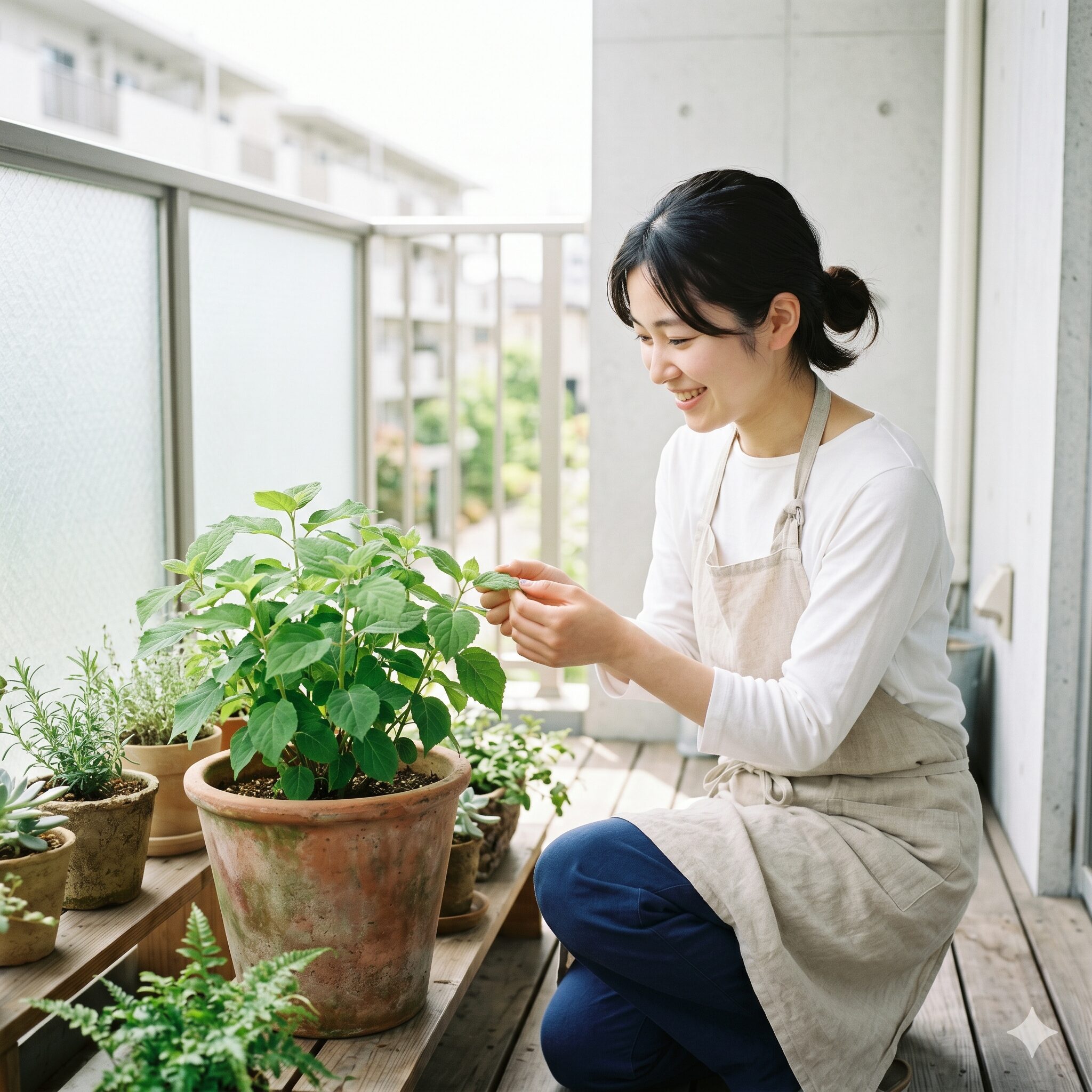 アナベル 開花時期6　日当たりの良いベランダで鉢植えのアナベルの葉を優しくチェックしている若い日本人女性
