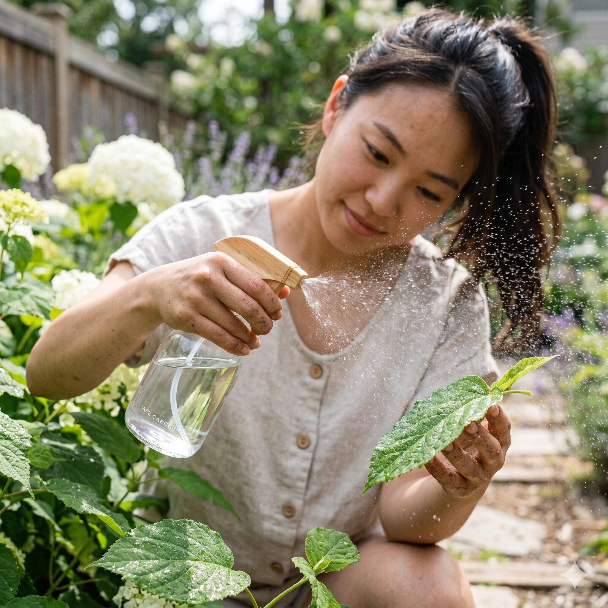アナベル 開花時期7　薬剤を使わずにハダニを予防するためアナベルの葉の裏にスプレーで葉水を与える手元
