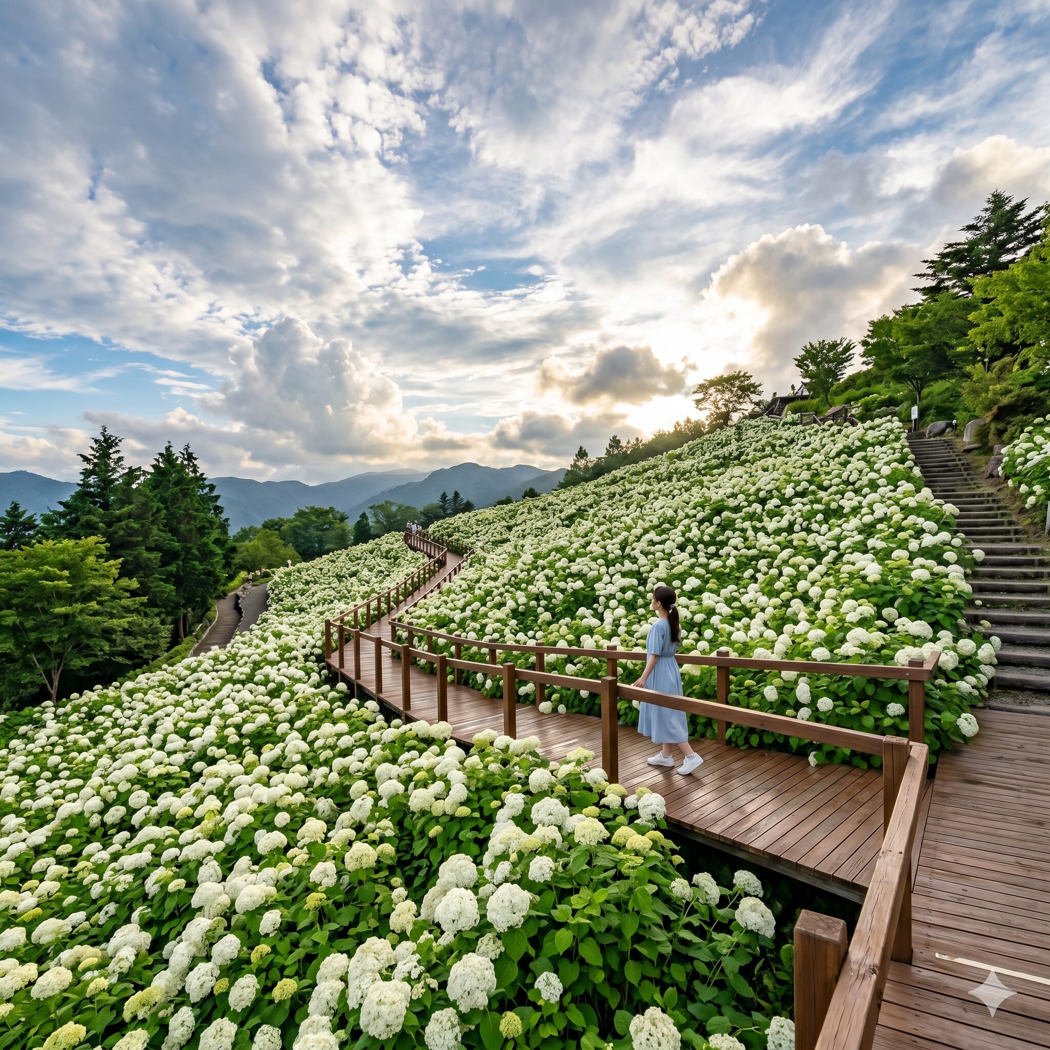 アナベル 開花時期8　山の急斜面を埋め尽くすように咲き誇るあきる野市サマーランド隣接のアナベルの雪山
