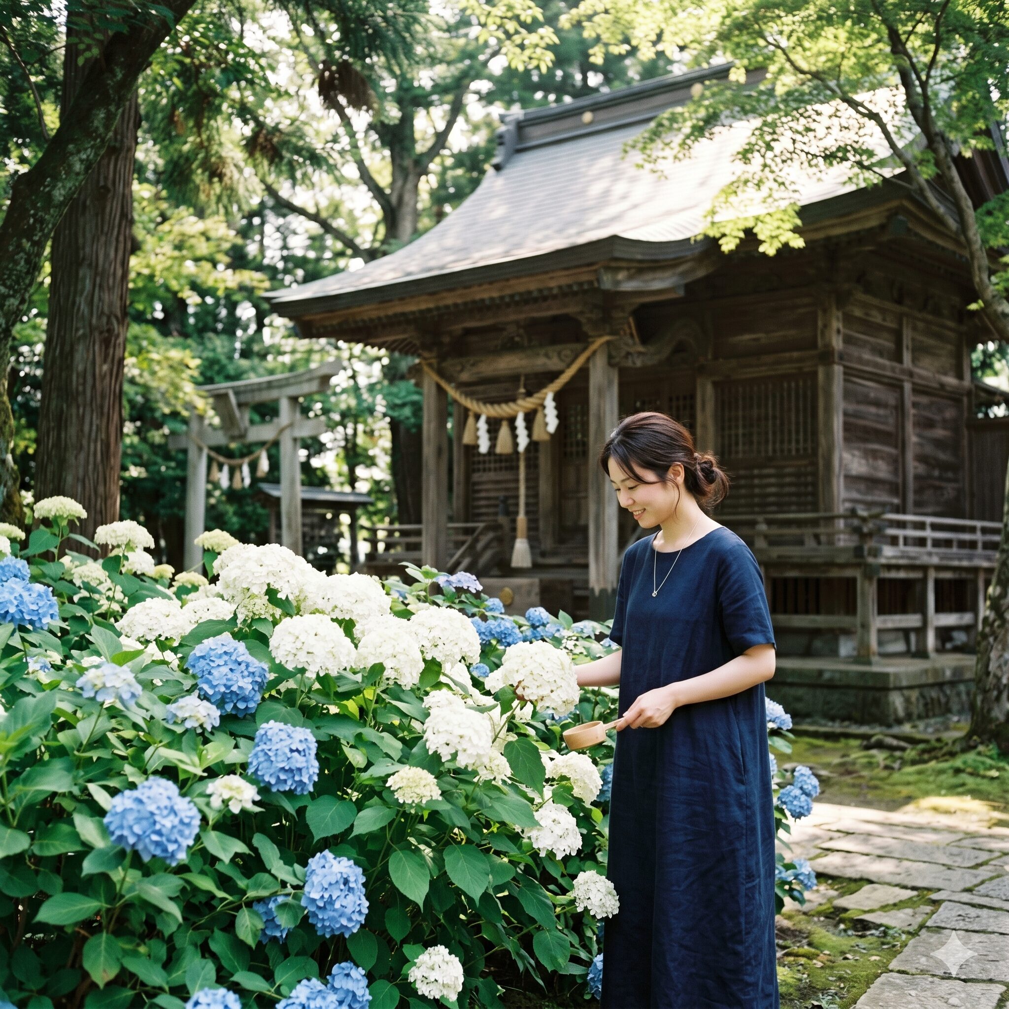 アナベル 開花時期9　日吉八王子神社の厳かな社殿を背景に美しく調和して咲く白いアナベルと和のアジサイ
