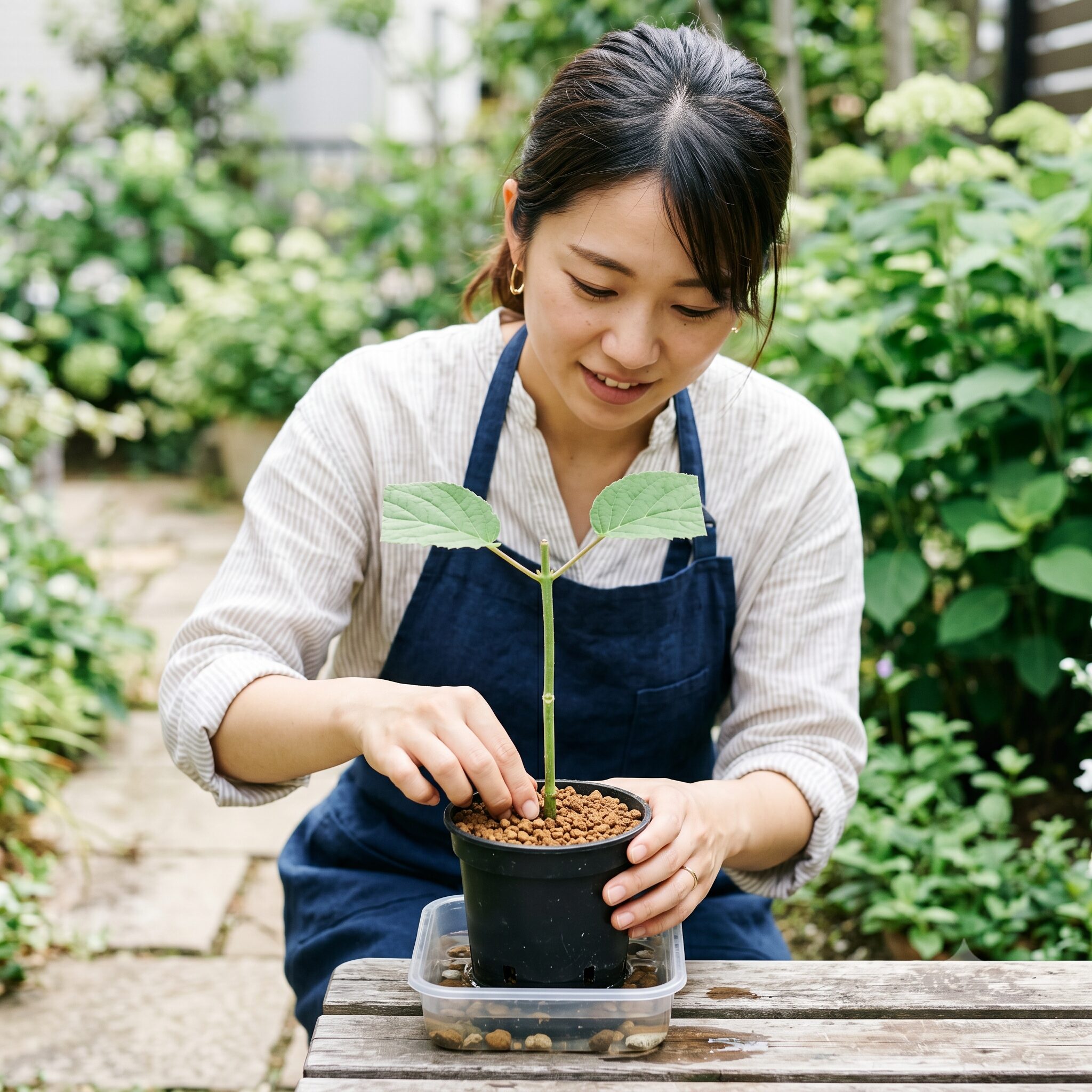 アナベル剪定時期10 蒸散を防ぐために葉を半分にカットし赤玉土のポットに挿したアナベルの挿し木