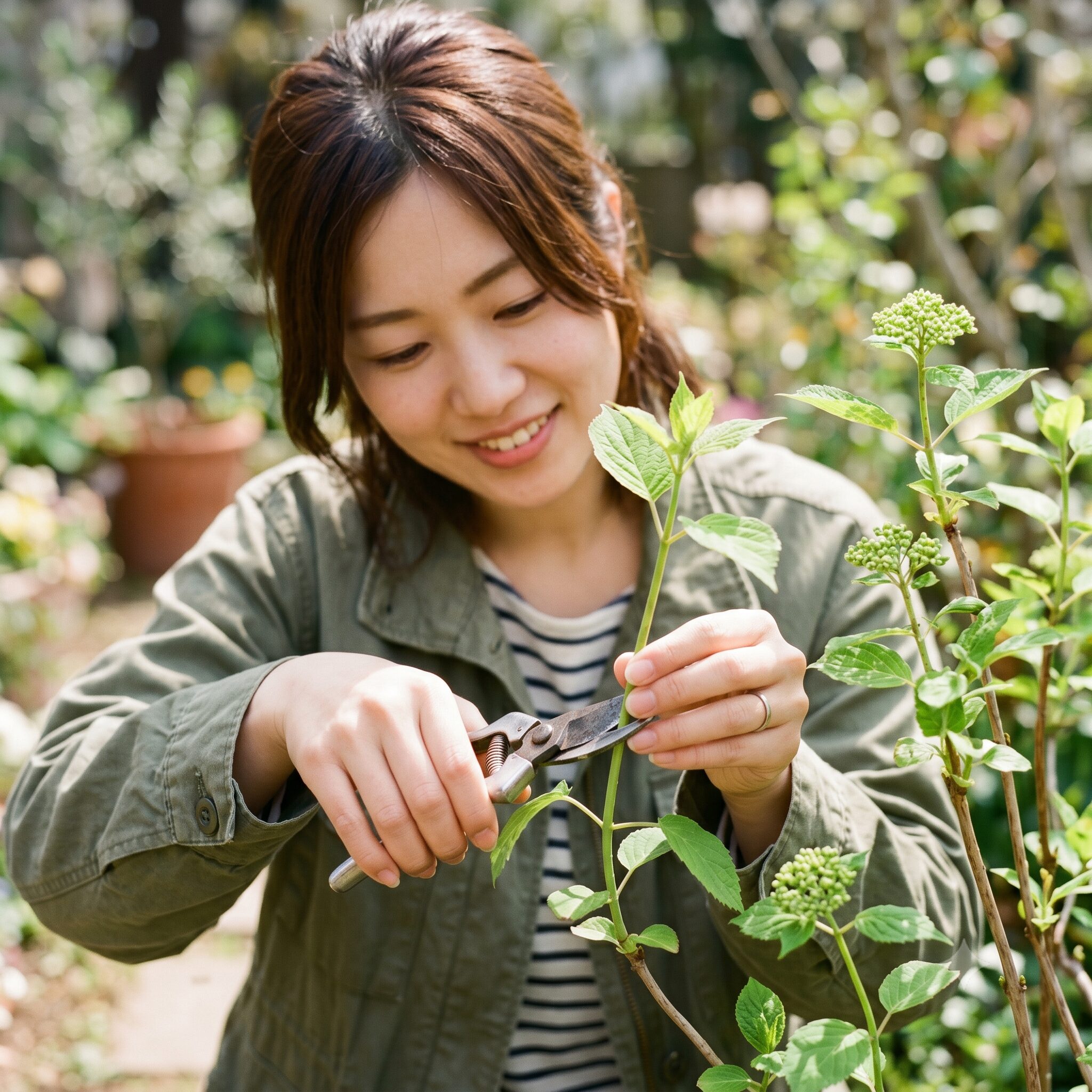 アナベル剪定時期2 春先に新しく伸びた新枝から瑞々しい新芽と小さな花芽を覗かせるアナベルの様子