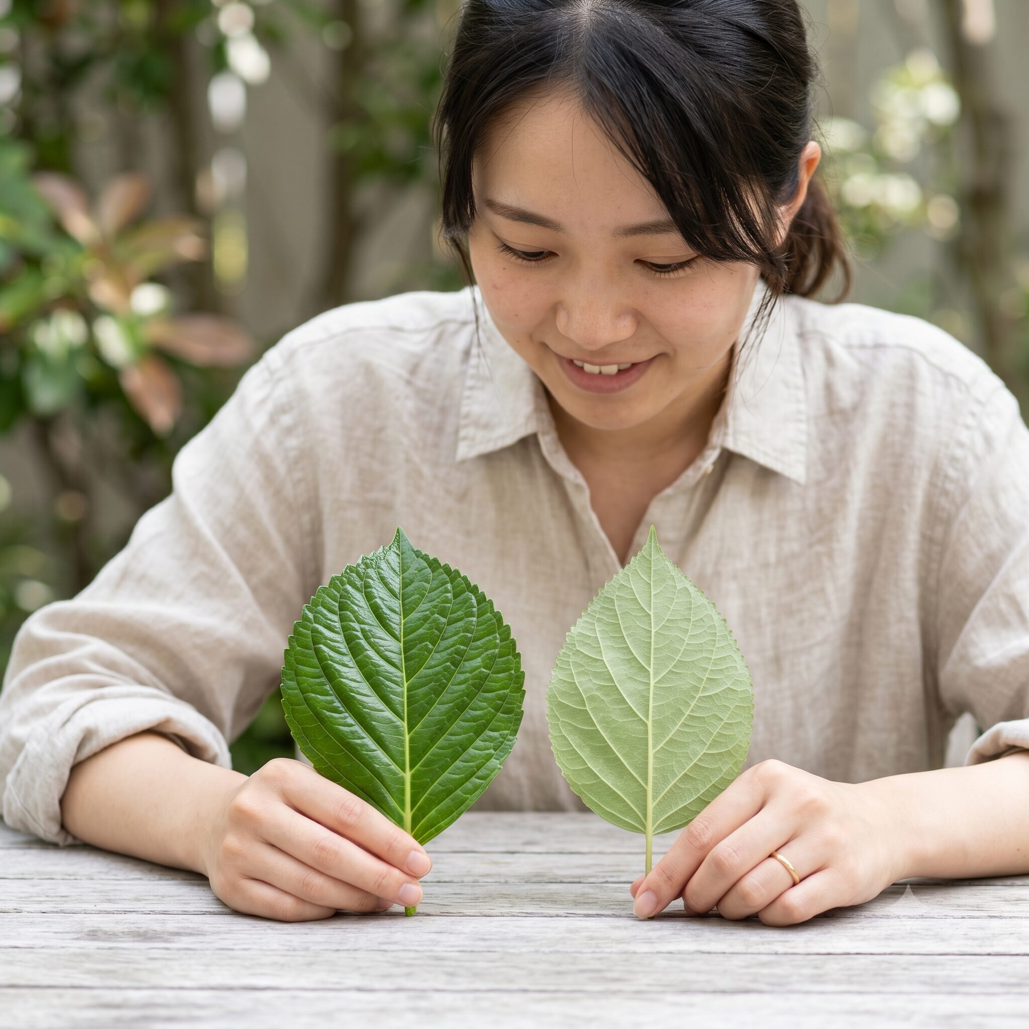 アナベル剪定時期3 表面がツヤツヤした一般的なアジサイの葉と、薄くてマットな質感を持つアナベルの葉の比較