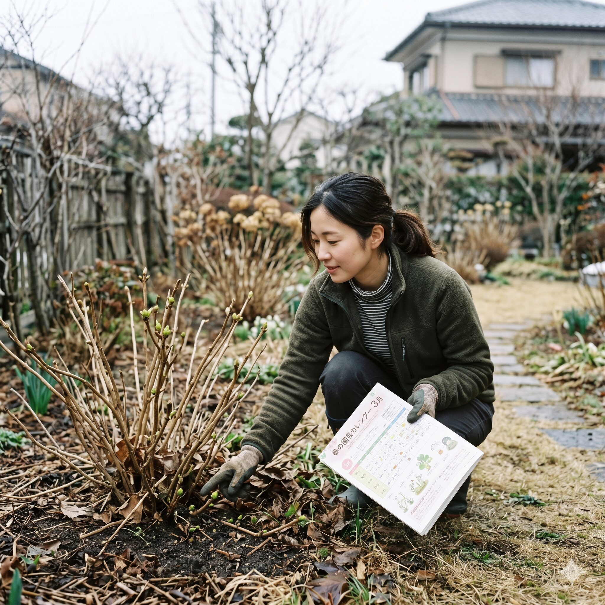 アナベル剪定時期4 3月の休眠期明けに庭のアナベルの株元を観察して芽の位置を確かめる日本人女性