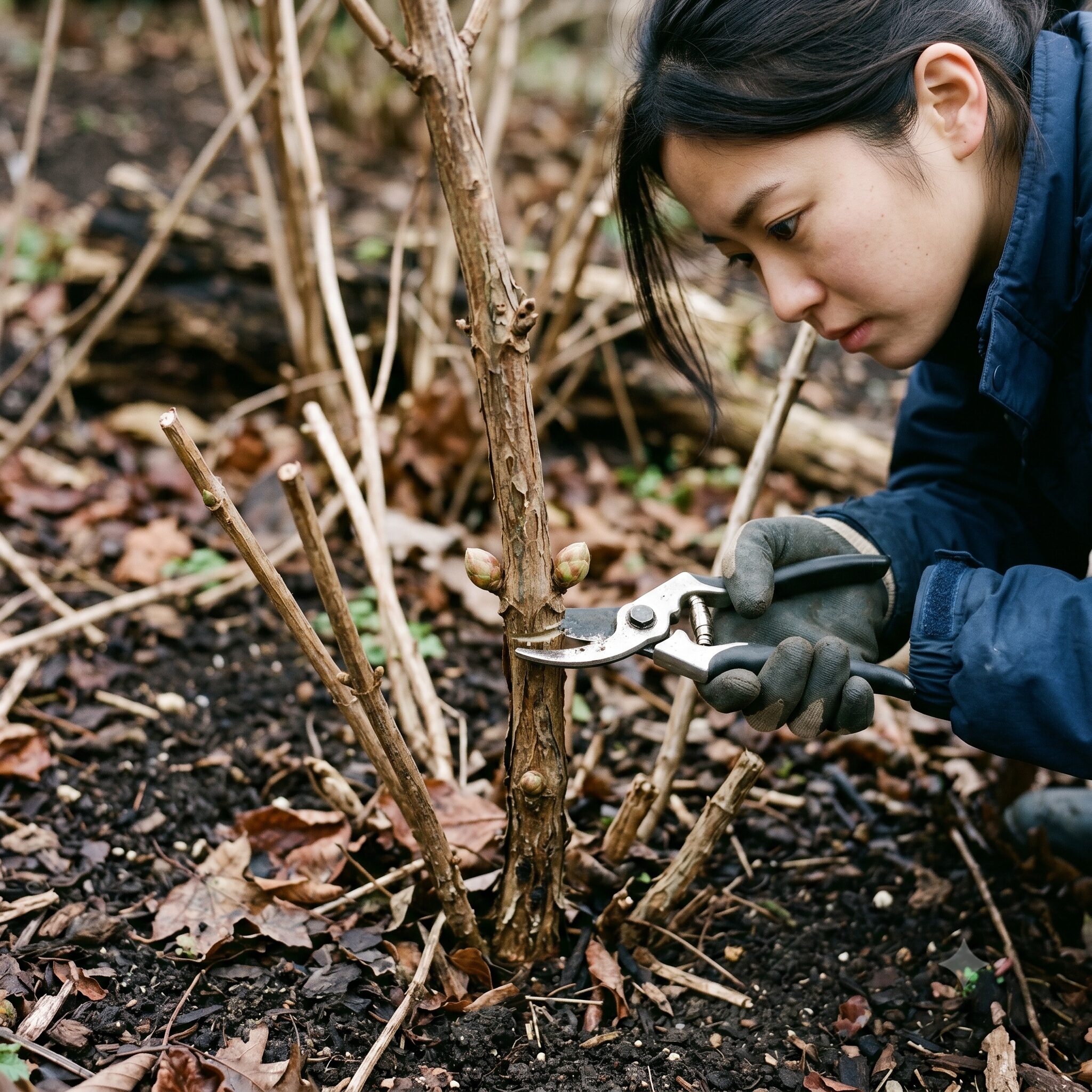 アナベル剪定時期7 地面から数センチの低い位置にある健全な芽のすぐ上で主枝を切り戻す強剪定の様子