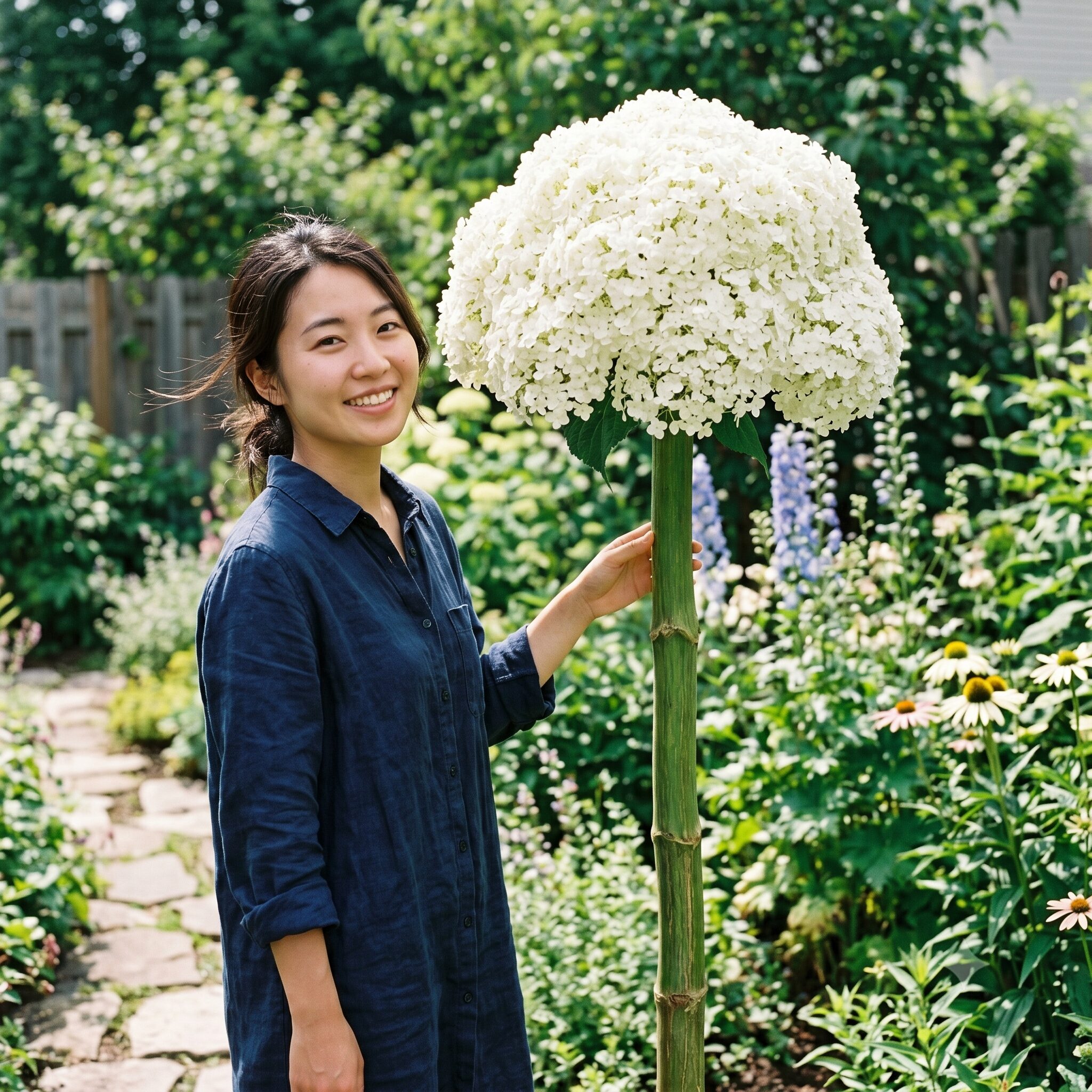 アナベル剪定時期8 強剪定によって育てられた、豪雨でも折れない太く頑丈な茎の先に咲く巨大なアナベル