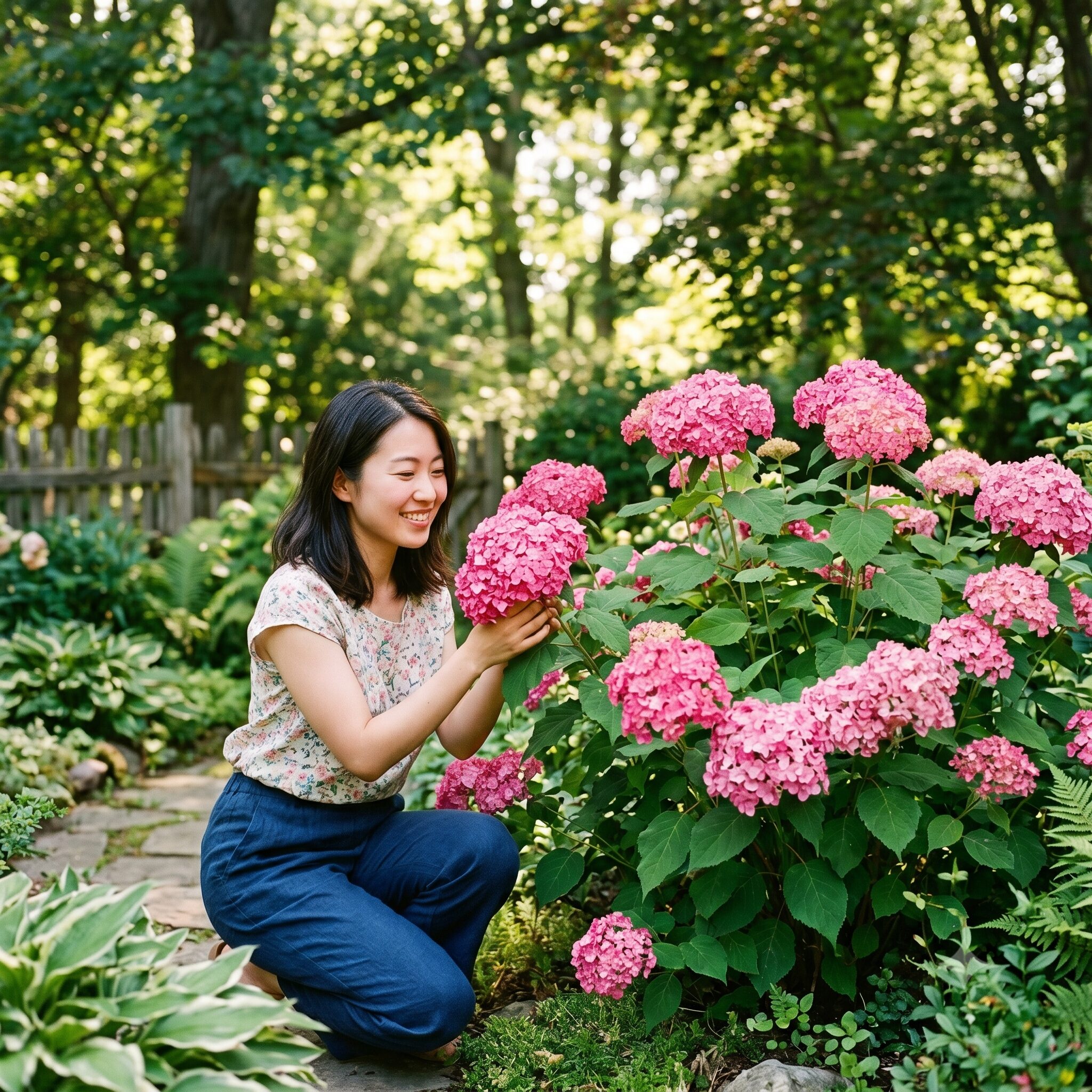 アナベル剪定時期9 半日陰の涼しい場所で鮮やかなピンク色の花を咲かせるミディピンクを眺める日本人女性