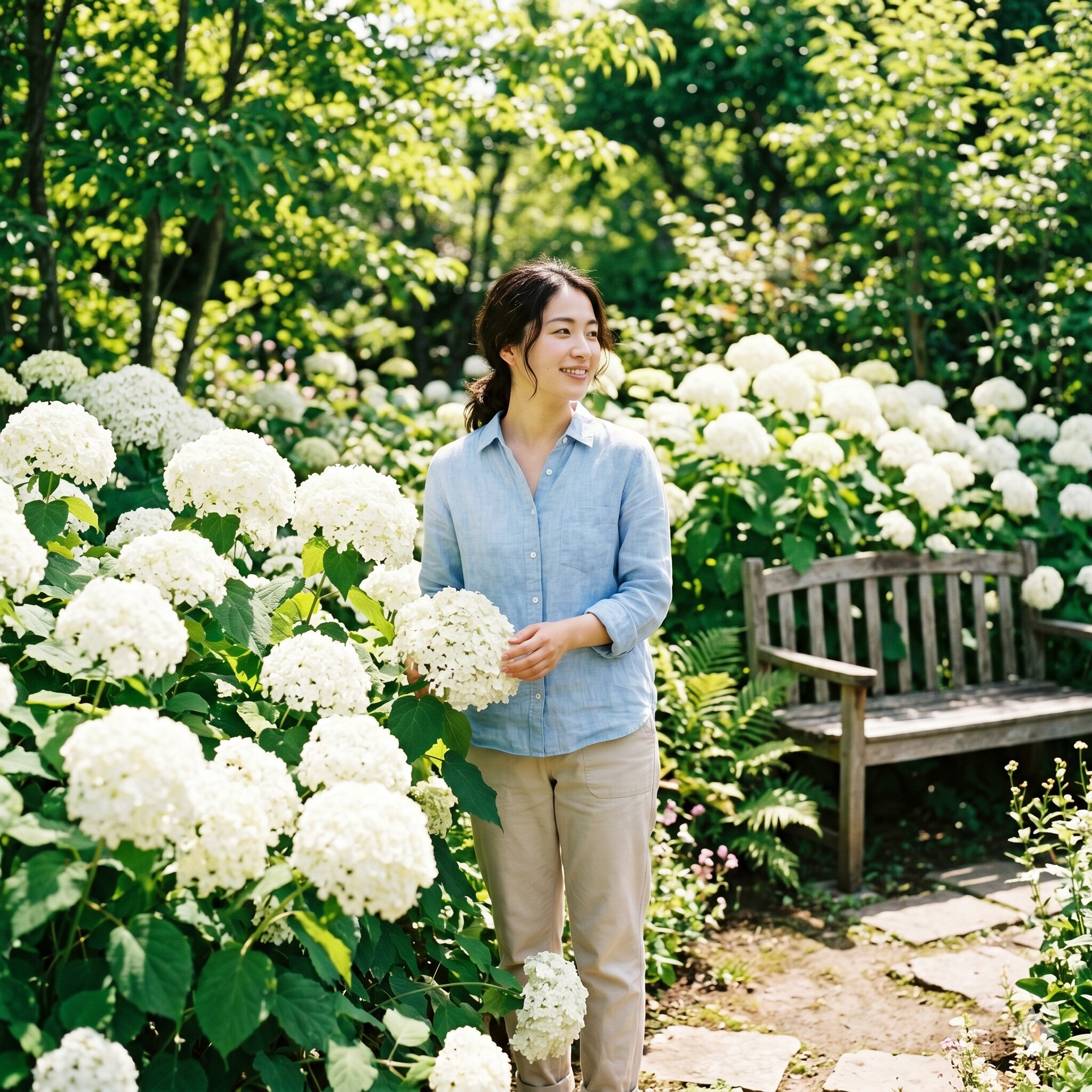 アナベル増やし方1　初夏の庭で満開に咲き誇る大きな白い手まり状のアナベルの花