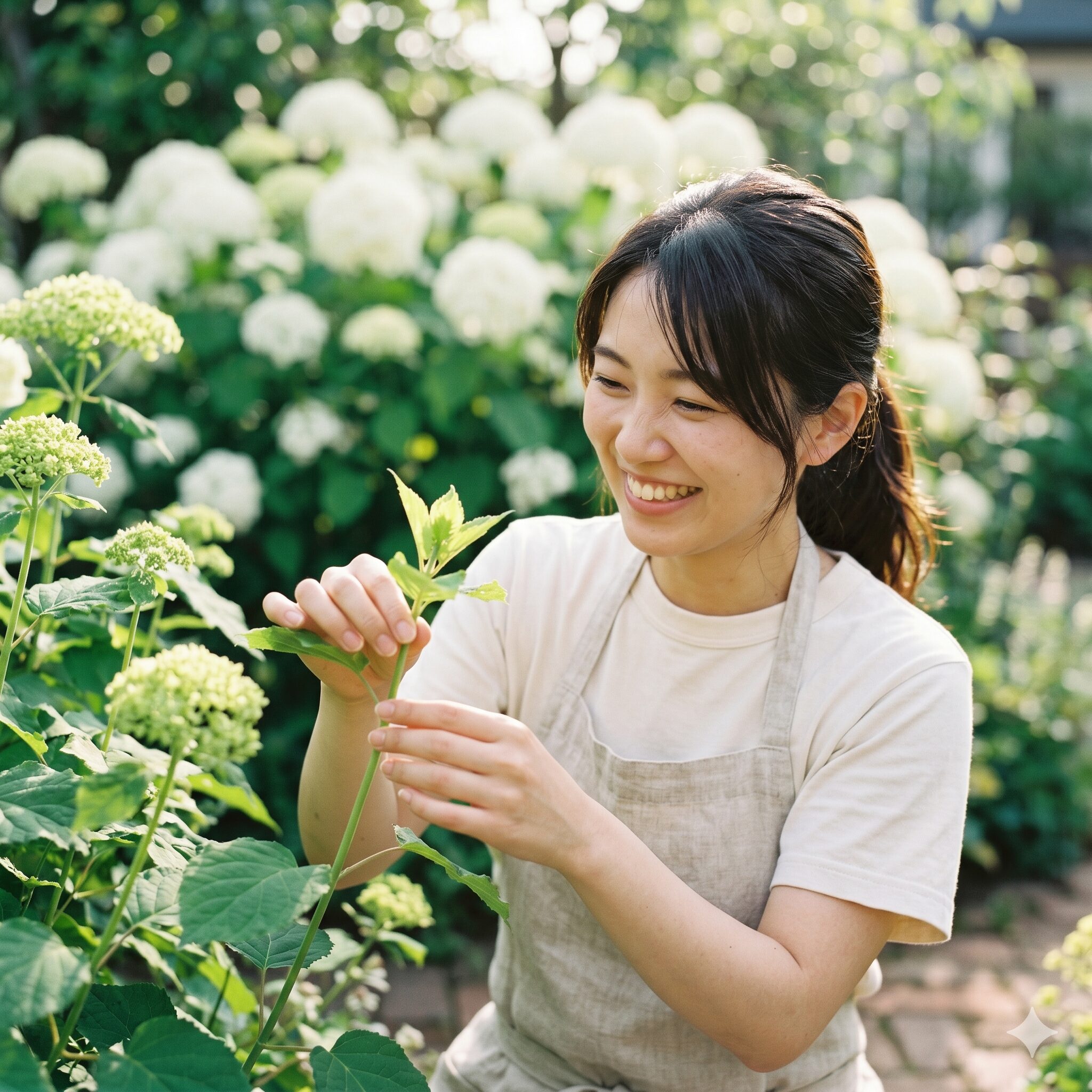 アナベル増やし方2 庭でアナベルの新枝を優しく観察する若い日本人女性の姿