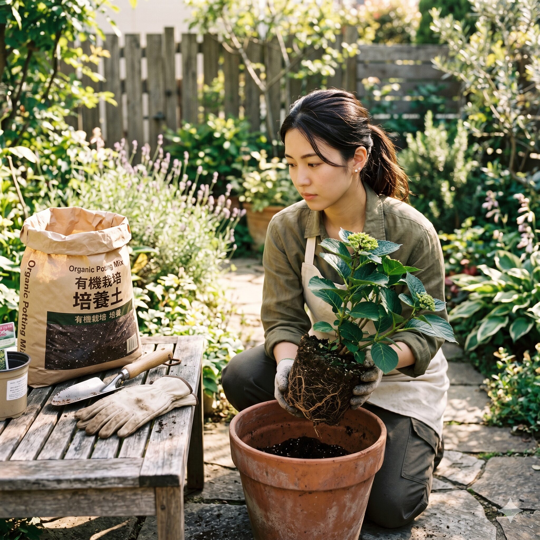 アナベル新芽が出ない5　お庭のテーブルで慎重にアナベルの鉢植えの手入れを行う若い日本人女性
