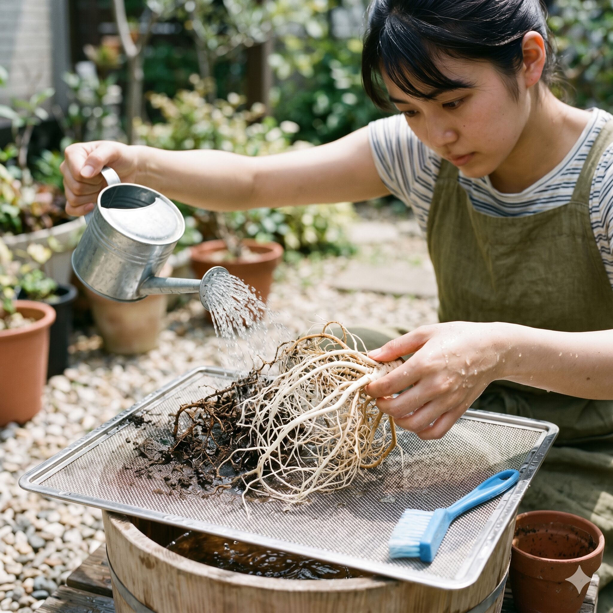 アナベル新芽が出ない6　コガネムシ幼虫の被害から株を救済するために古い土を水で洗い流すアナベルの根部
