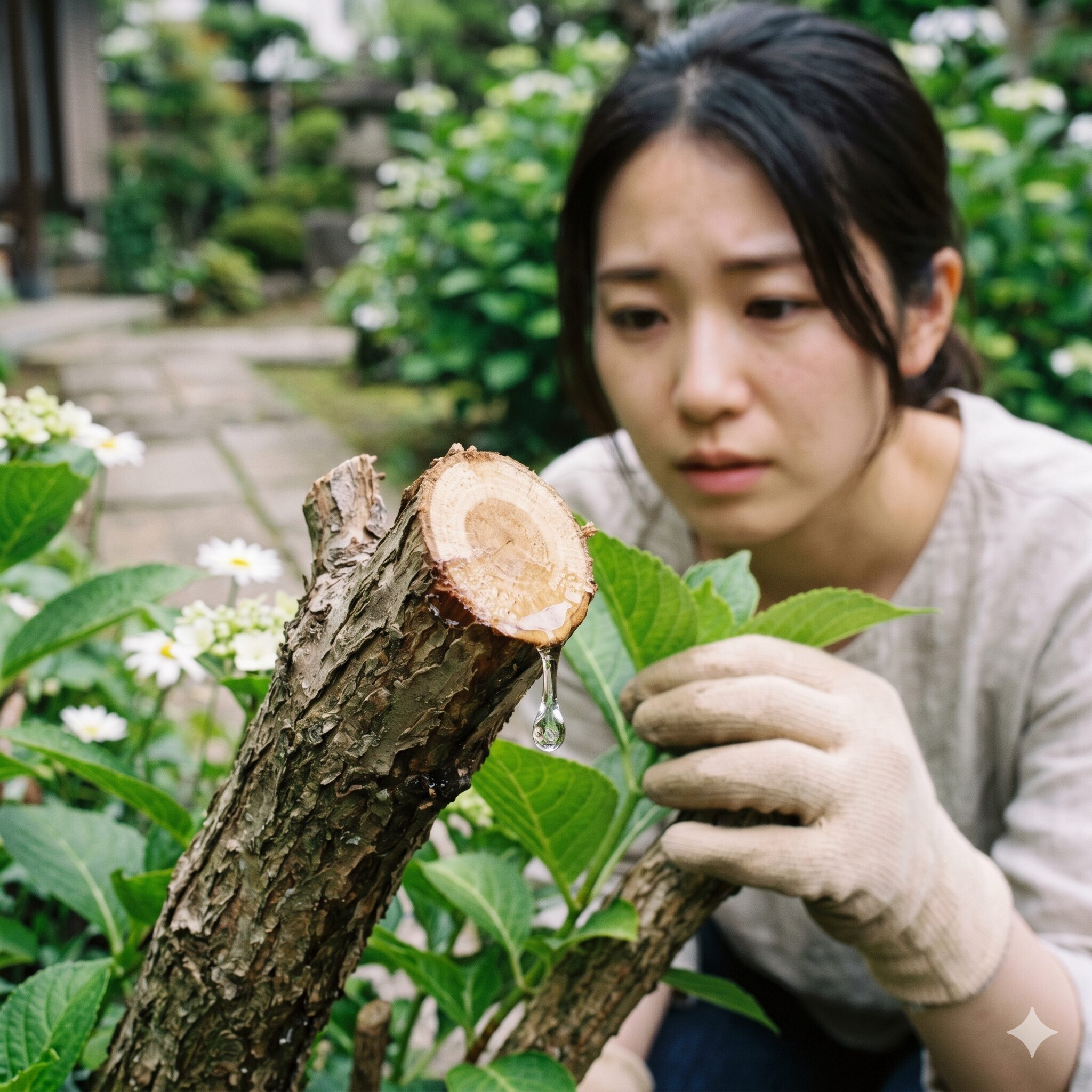 アナベル新芽が出ない7　春先の不適切な時期に切られたことで切り口から樹液がにじみ出ているアジサイの太い幹
