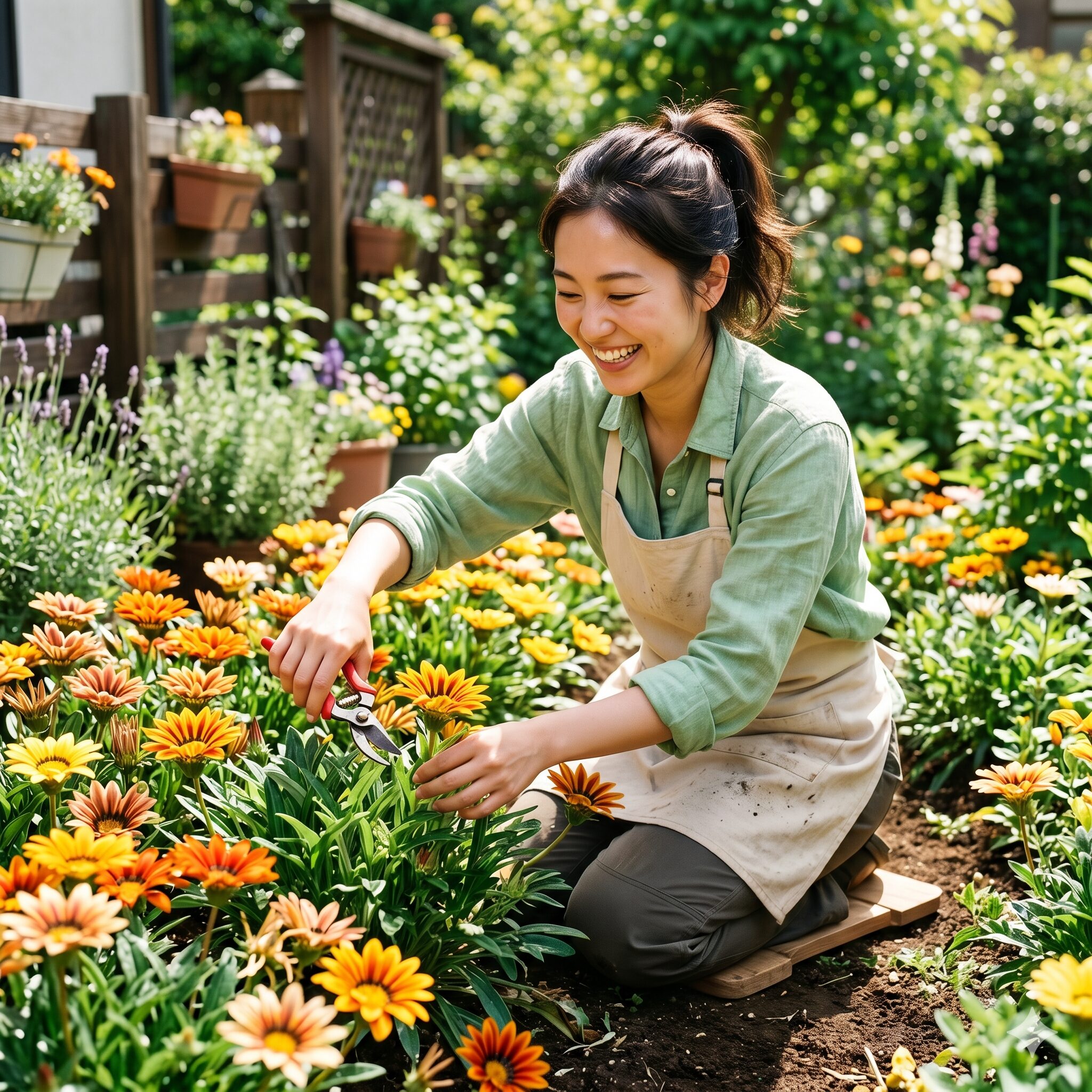 ガザニア 挿し芽 やり方1　お庭でガザニアの手入れをする若い日本人女性。ガザニアの挿し芽のやり方を解説するアイキャッチ画像。