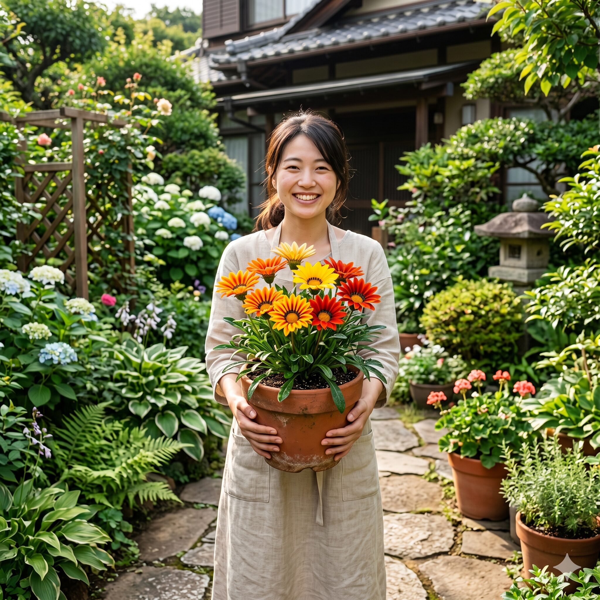 ガザニア 挿し芽 やり方10　挿し芽で増やしたガザニアが綺麗に咲き、笑顔を見せる日本人女性。成功のまとめイメージ。