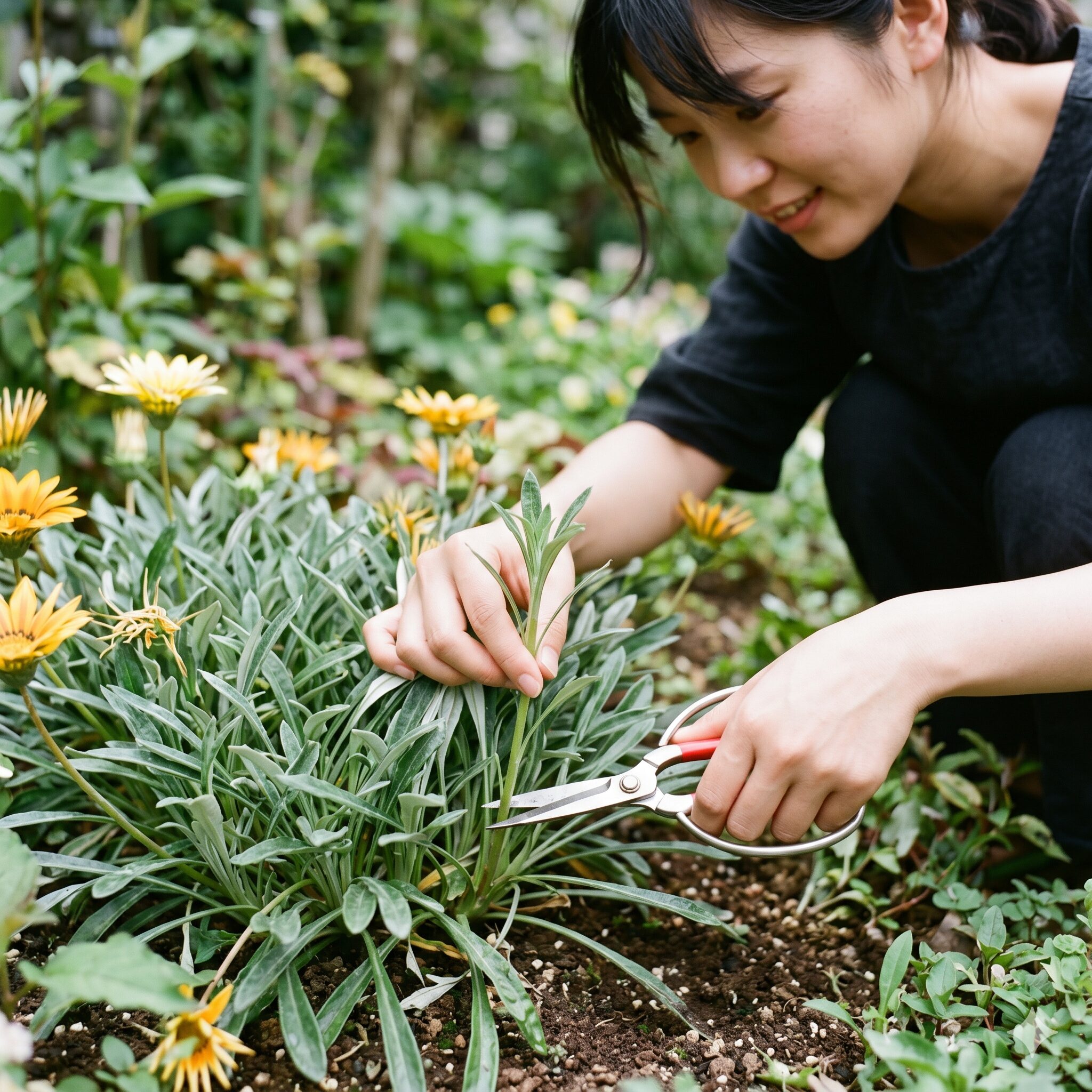 ガザニア 挿し芽 やり方3　ガザニアの挿し芽に使う「挿し穂」の正しい選び方。花のない若い茎を選ぶ様子。