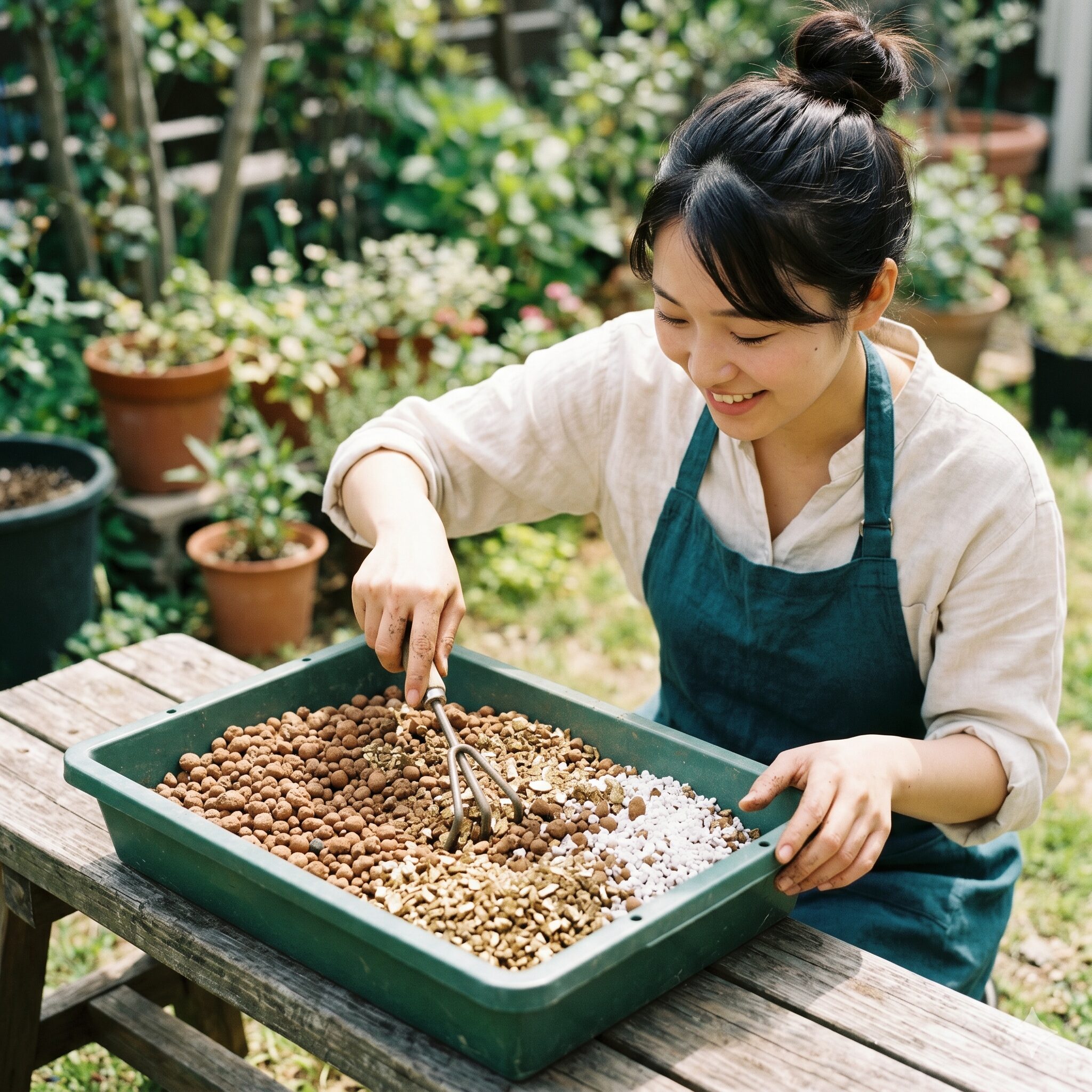 ガザニア 挿し芽 やり方5　排水性と通気性に優れた、ガザニアの挿し芽専用のブレンド土を作る様子。