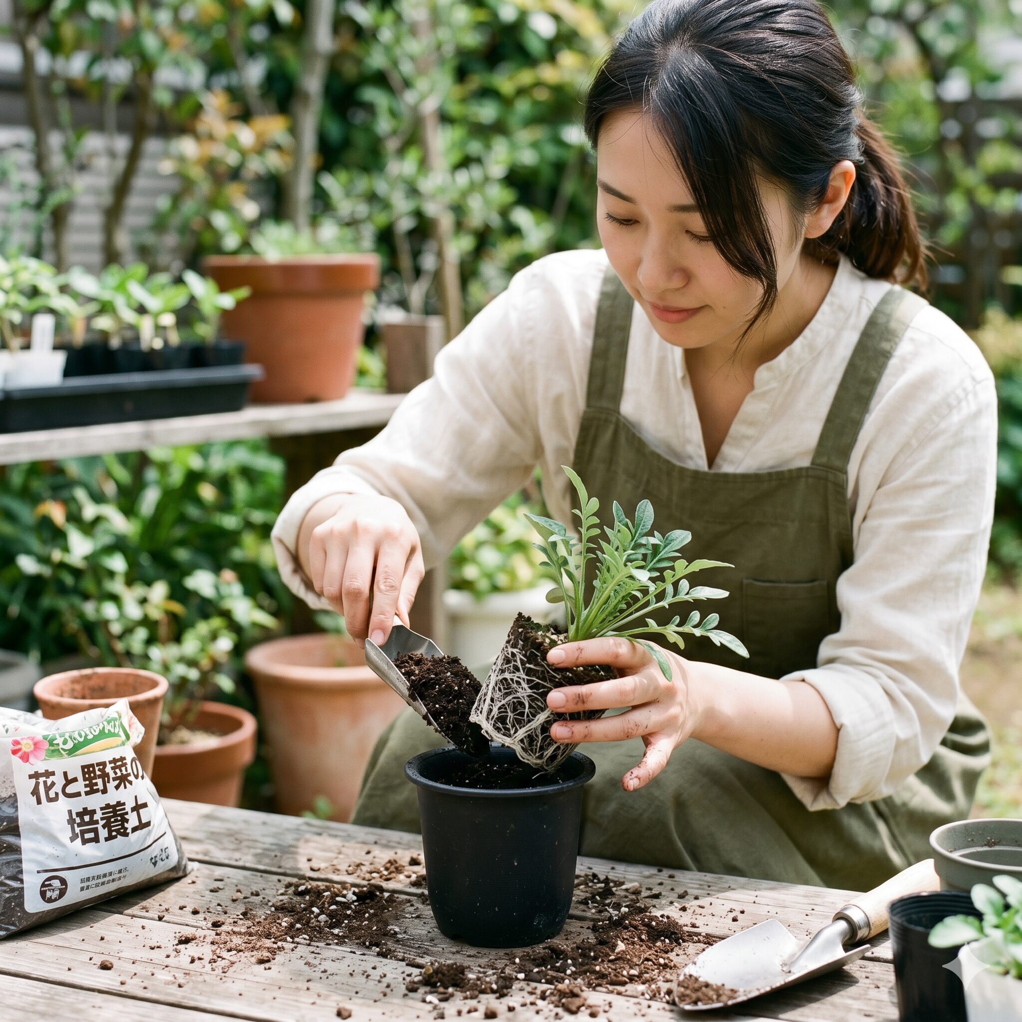 ガザニア 挿し芽 やり方8　発根したガザニアの苗をポットへ植え替える「鉢上げ」の手順。