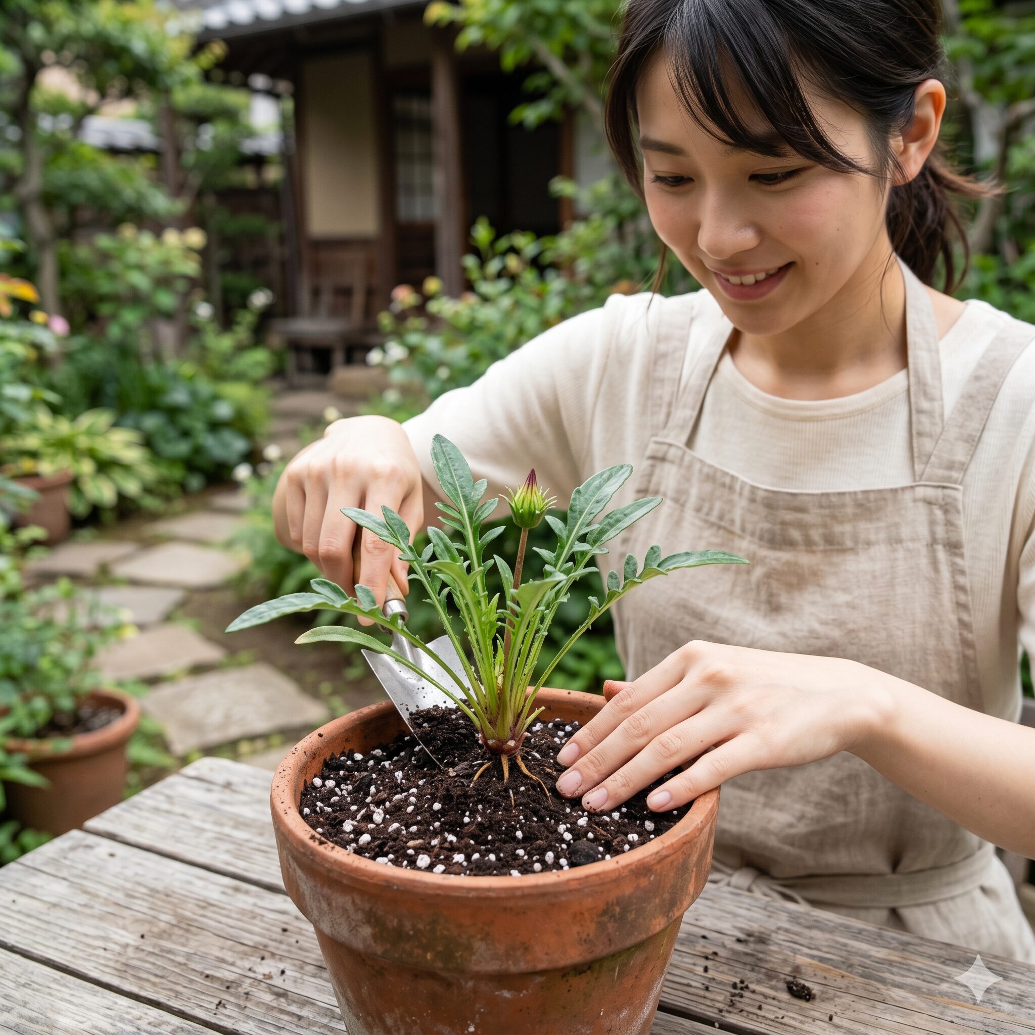 ガザニア 挿し芽 やり方9　ガザニアの根腐れを防ぐ「浅植え」のポイント。株元を土に埋めない植え方。