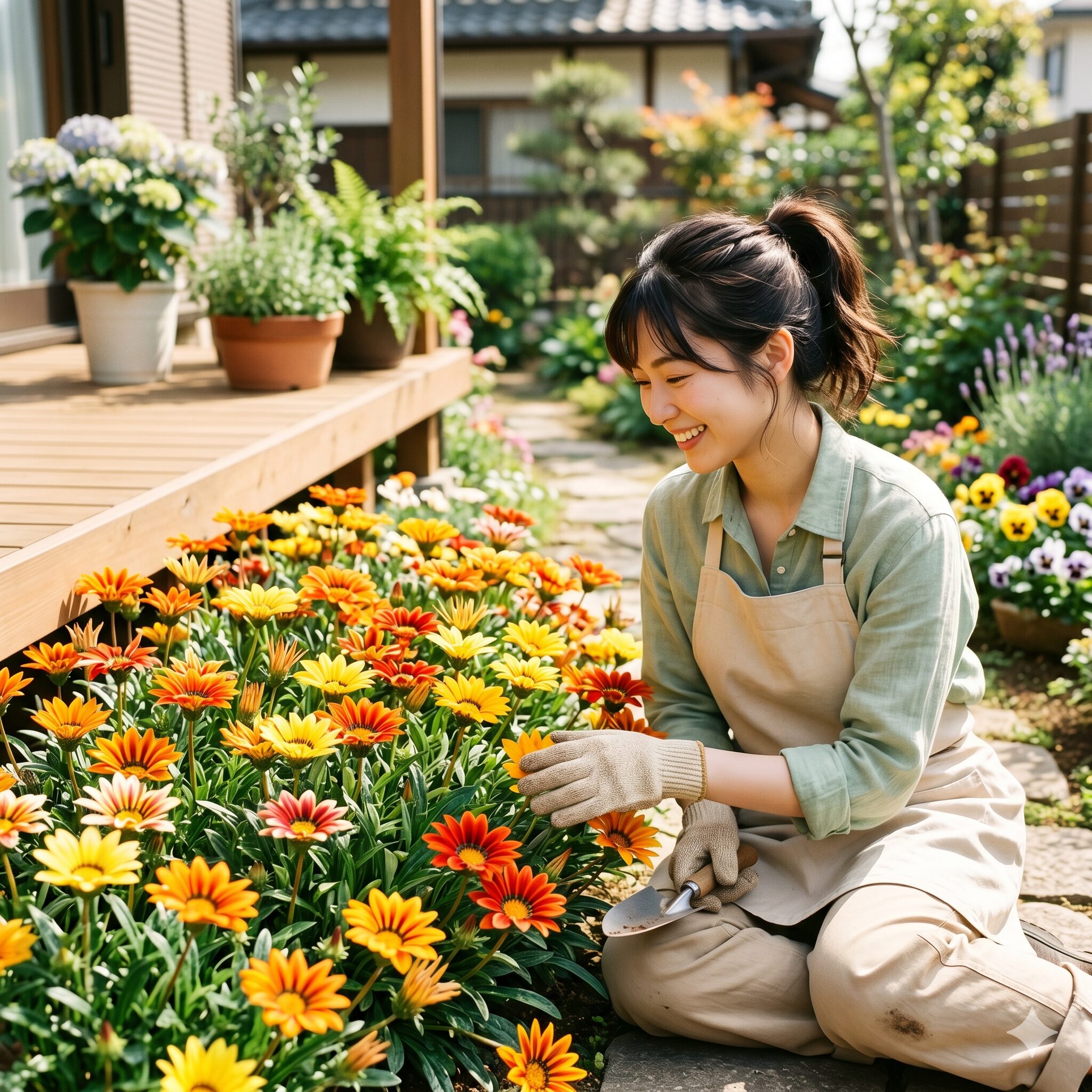ガザニア 植え替え時期1　庭で満開のガザニアを笑顔で手入れする若い日本人女性。ガザニアの育て方のイメージ。