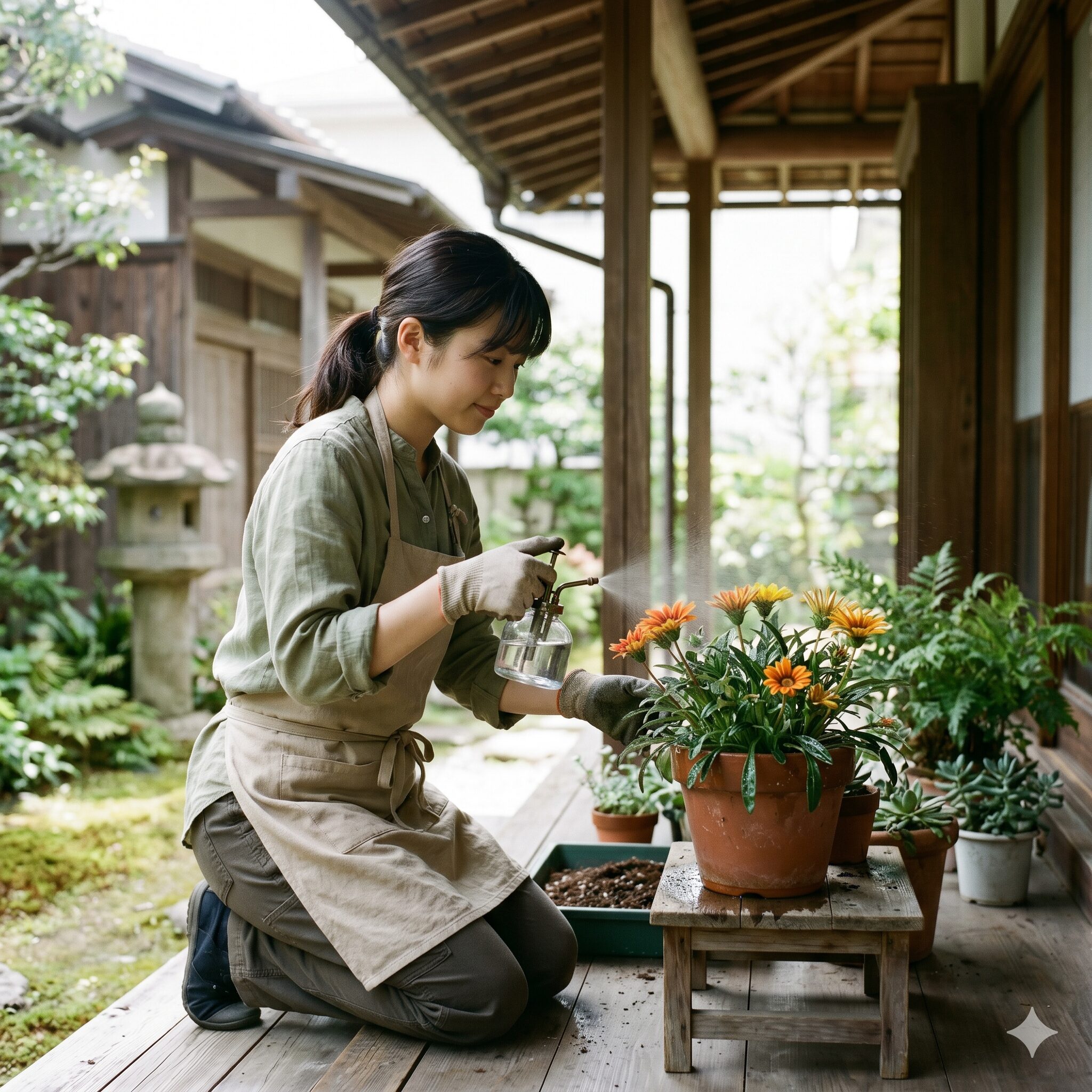 ガザニア 植え替え時期10　植え替え直後のガザニアに葉水を与えて養生管理を行う日本人女性。