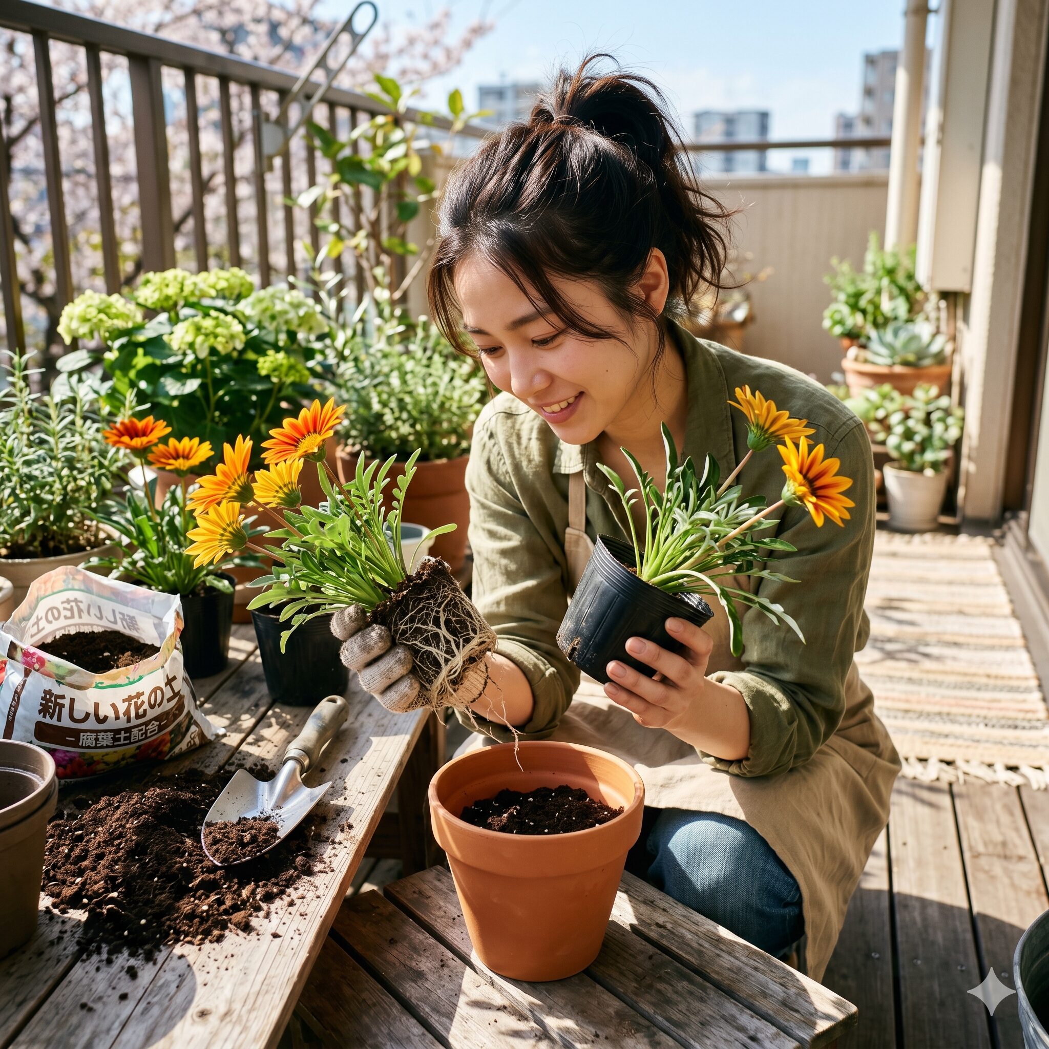 ガザニア 植え替え時期2　春の最適な時期にガザニアの植え替え作業を行う若い日本人女性の手元。