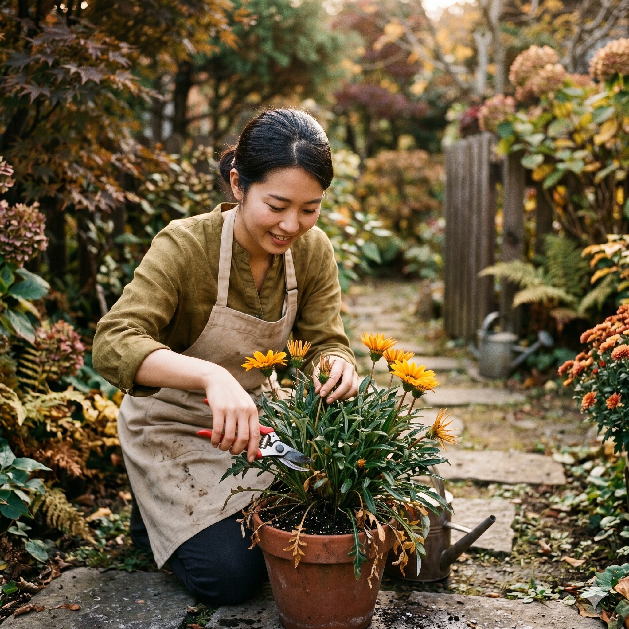 ガザニア 植え替え時期3　秋にガザニアの冬越し準備として株のメンテナンスを行う様子。