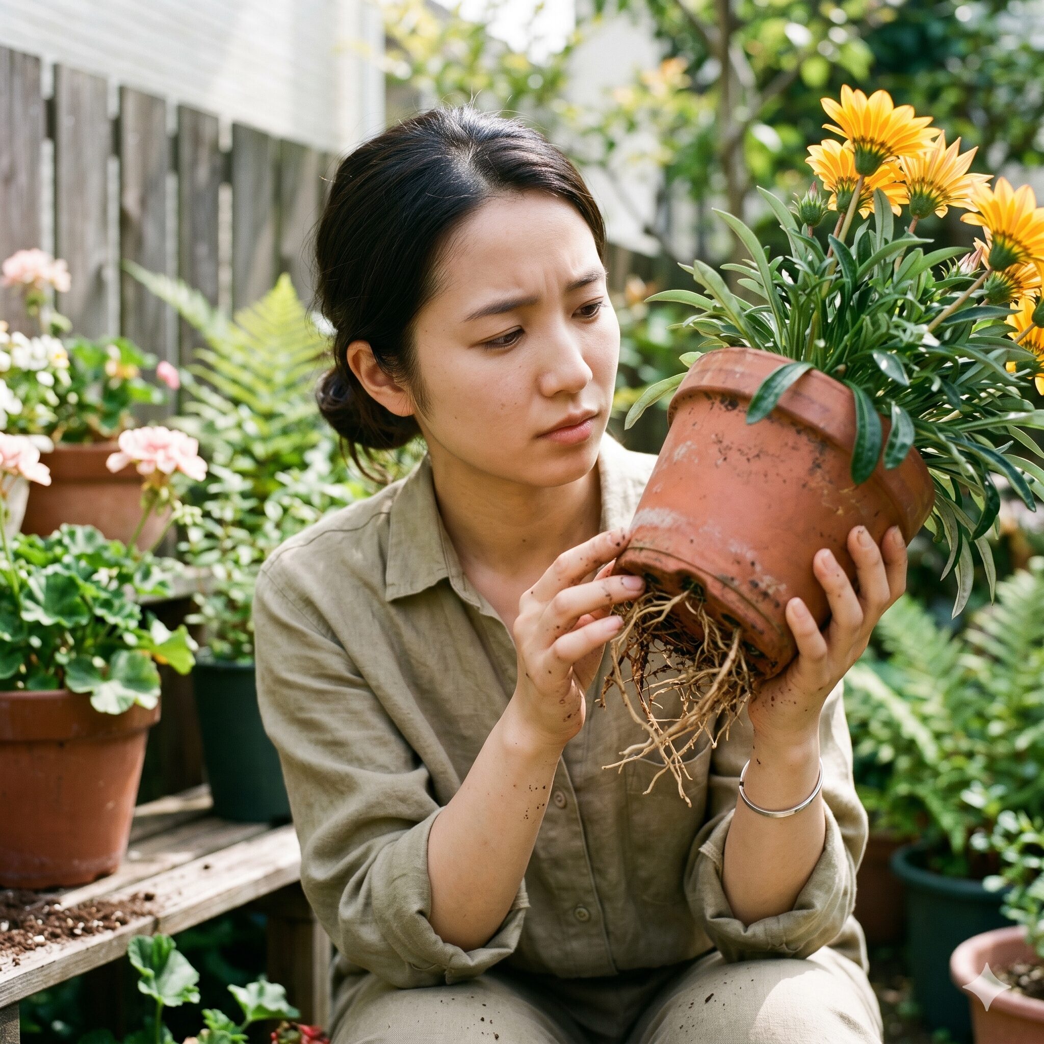 ガザニア 植え替え時期4　ガザニアの鉢底から根が出ている根詰まりのサインを確認する様子。